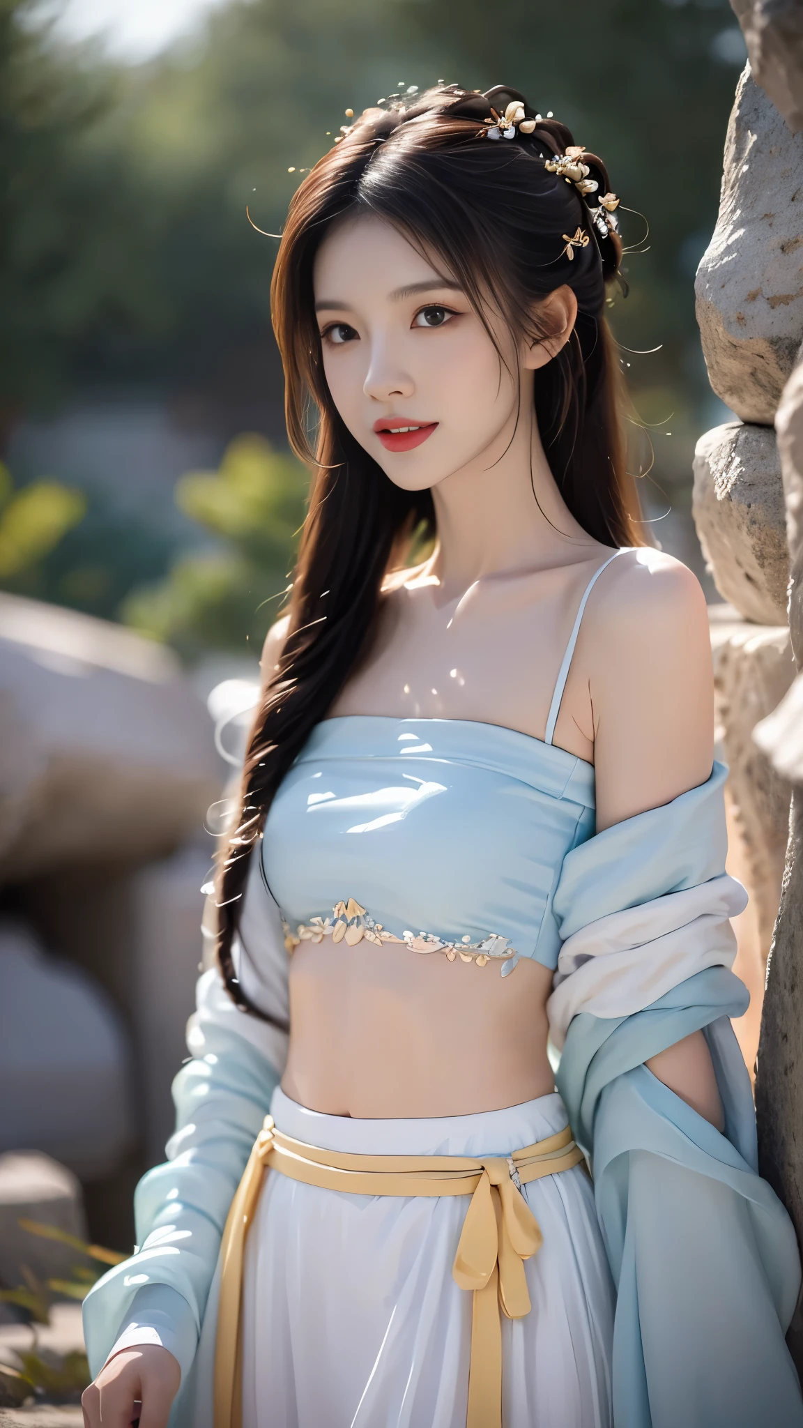 hanfu-song, hanfu, song theme, bandeau, tube top, ((gufeng,bare shoulders)), realistic, fashi-girl, red lips, mature female, makeup, Big eyes, Pretty eyes, ((full body)), ((from below)), (best quality, masterpiece:1.2), ultra-detailed, (realistic:1.37), ((Sexy long legs)), beautiful, youthful, glamorous model with (detailed eyes, detailed lips, extremely detailed eyes), showcasing a radiant smile, creating a breathtaking depiction of a girl,  Warm tones, extremely high color saturation, official art, extremely detailed CG unified 8k wallpaper,(High dynamic range :1.4), (cinematic),(soft colors, dull colors, soothing tones :1.3), (natural skin texture, ultra-realistic, soft light, sharp),(very detailed), Night, moonlight, ((In the mountains, plants, leaning against the rocks))