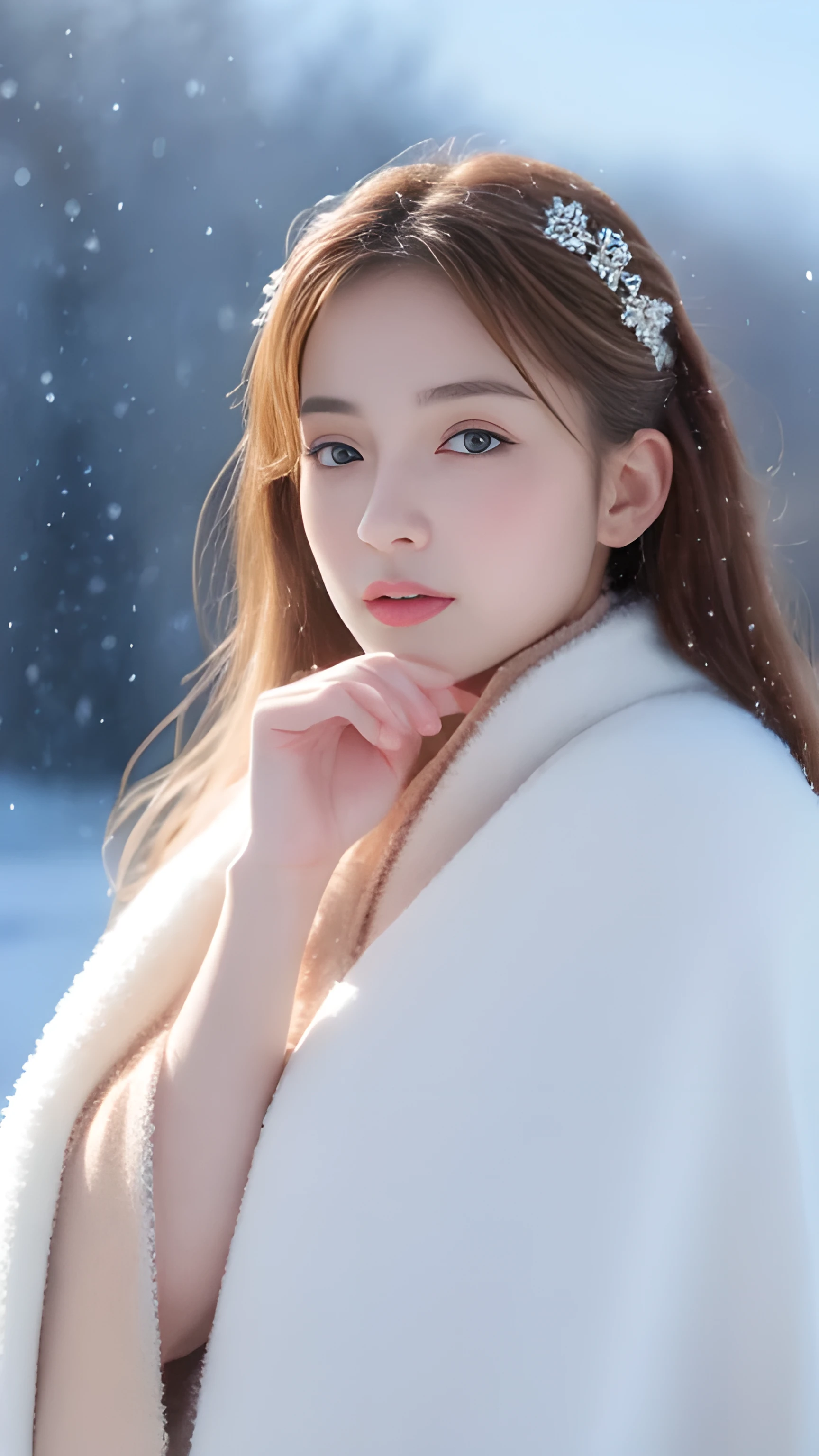 (highest quality, 8k, 32K，details are very clear),realistic, High resolution, 1 Japanese woman, alone, (lolita costume)，luxurious costume，towards the audience，(Upper body，upper limbs)， beautiful eyes, brown hair, Ring-shaped eyes, (outside，heavy snowfall，thick fur cape，cover with snow)，snowfield，blue eyes，highest qualityのイラスト，detailed facial features