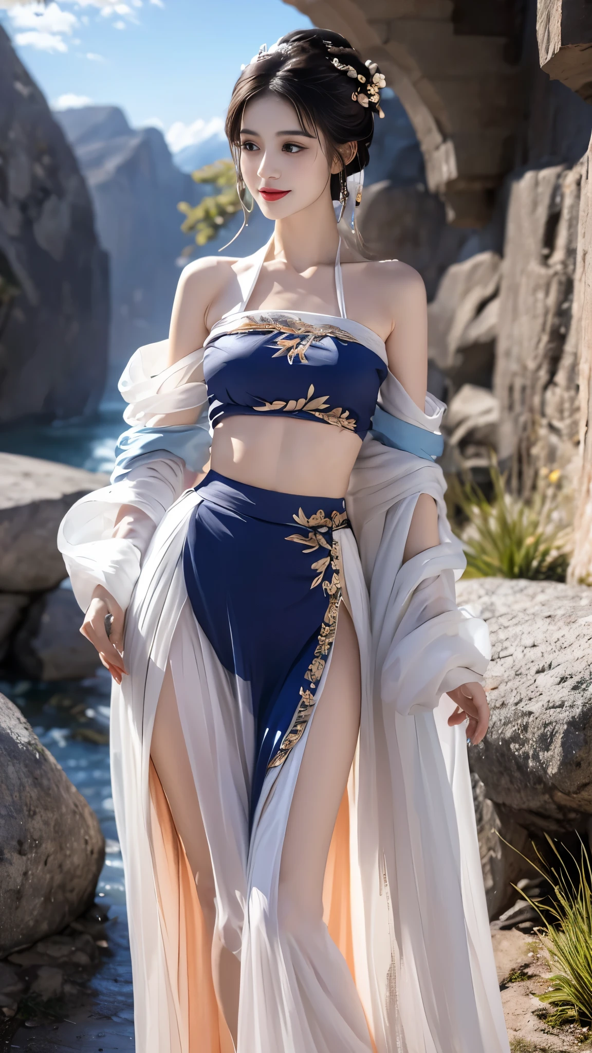 hanfu-song, hanfu, song theme, bandeau, tube top, ((gufeng,bare shoulders)), realistic, fashi-girl, red lips, mature female, makeup, Big eyes, Pretty eyes, ((full body)), ((from below)), (best quality, masterpiece:1.2), ultra-detailed, (realistic:1.37), ((Sexy long legs)), beautiful, youthful, glamorous model with (detailed eyes, detailed lips, extremely detailed eyes), showcasing a radiant smile, creating a breathtaking depiction of a girl,  Warm tones, extremely high color saturation, official art, extremely detailed CG unified 8k wallpaper,(High dynamic range :1.4), (cinematic),(soft colors, dull colors, soothing tones :1.3), (natural skin texture, ultra-realistic, soft light, sharp),(very detailed), Night, moonlight, ((In the mountains, plants, leaning against the rocks))