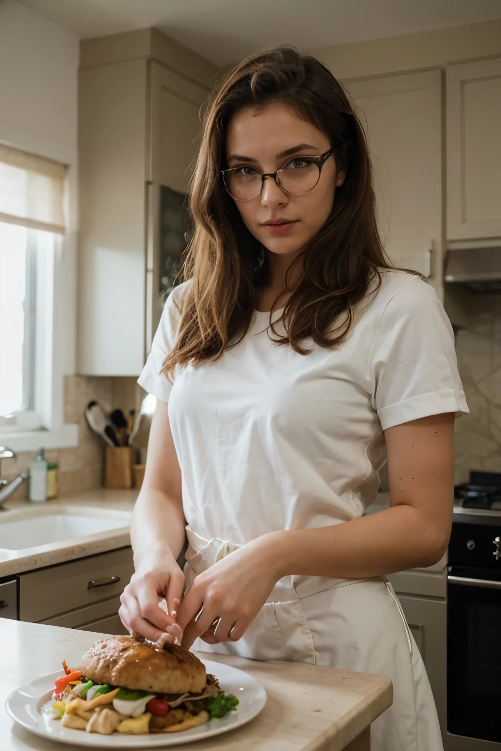 ((best quality)), ((masterpiece)), (detailed), perfect face, girl with glases, blond, emo, in the kitchen with meal