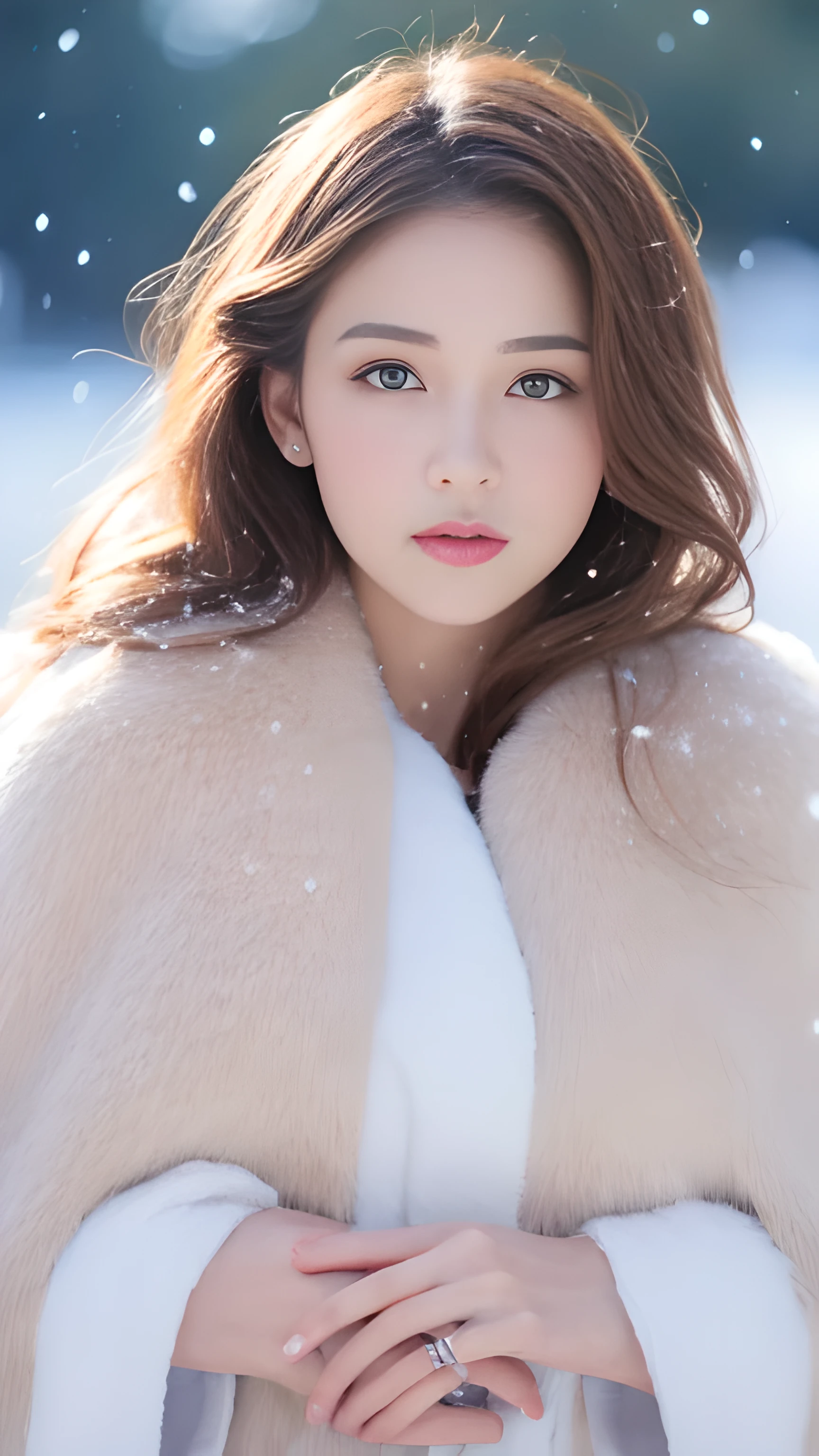 (highest quality, 8k, 32K,details are very clear),realistic, High resolution, 1 Japanese woman, alone, (ta costume),luxurious costume,towards the audience,(Upper body,upper limbs), beautiful eyes, brown hair, Ring-shaped eyes, (outside,heavy snowfall,thick fur cape,cover with snow),snowfield,blue eyes,highest qualityのイラスト,detailed facial features
