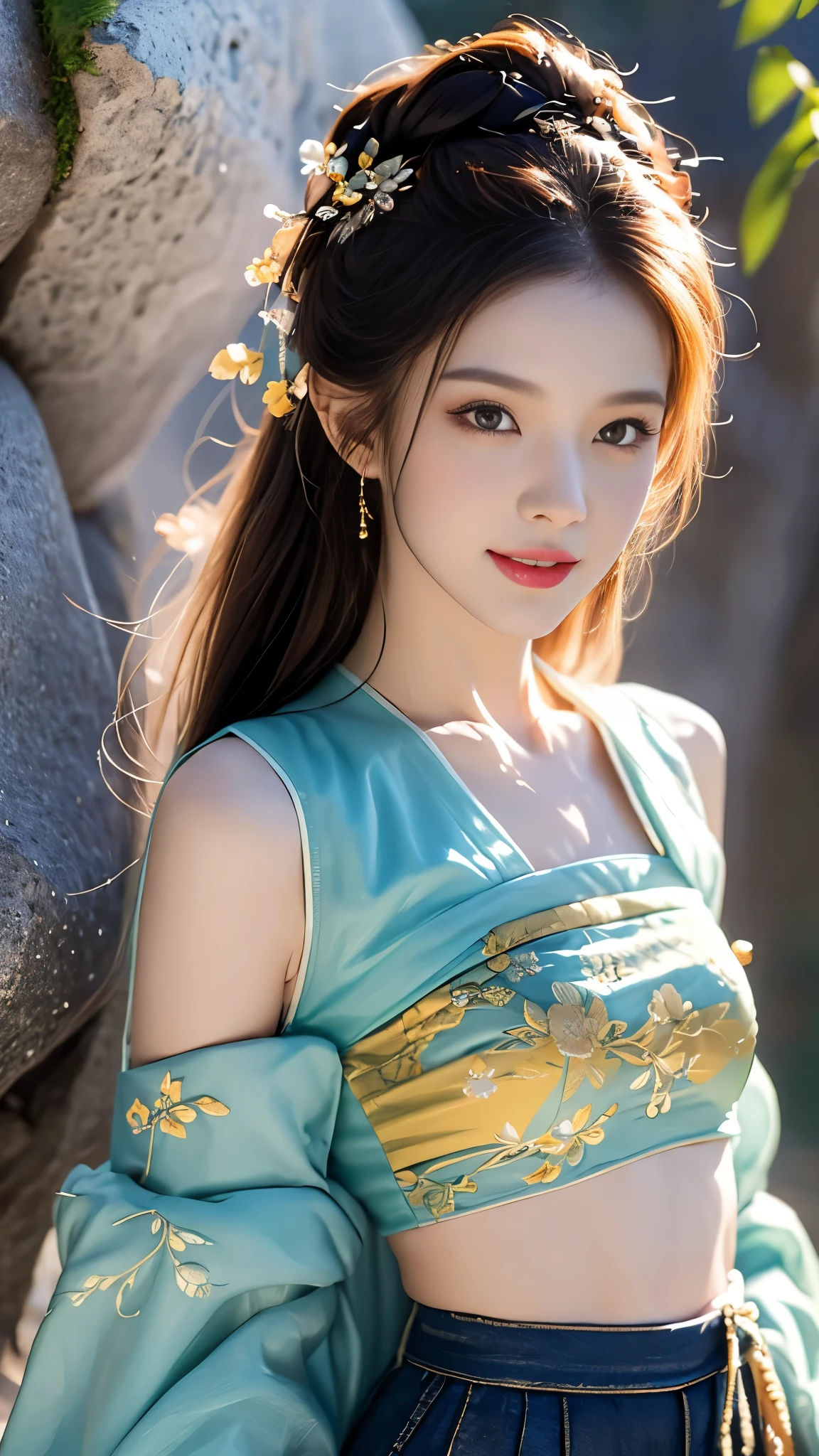 hanfu-song, hanfu, song theme, bandeau, tube top, ((gufeng,bare shoulders)), realistic, fashi-girl, red lips, mature female, makeup, Big eyes, Pretty eyes, ((full body)), ((from below)), (best quality, masterpiece:1.2), ultra-detailed, (realistic:1.37), ((Sexy long legs)), beautiful, youthful, glamorous model with (detailed eyes, detailed lips, extremely detailed eyes), showcasing a radiant smile, creating a breathtaking depiction of a girl, Warm tones, extremely high color saturation, official art, extremely detailed CG unified 8k wallpaper,(High dynamic range :1.4), (cinematic),(soft colors, dull colors, soothing tones :1.3), (natural skin texture, ultra-realistic, soft light, sharp),(very detailed), Night, moonlight, ((In the mountains, plants, leaning against the rocks))