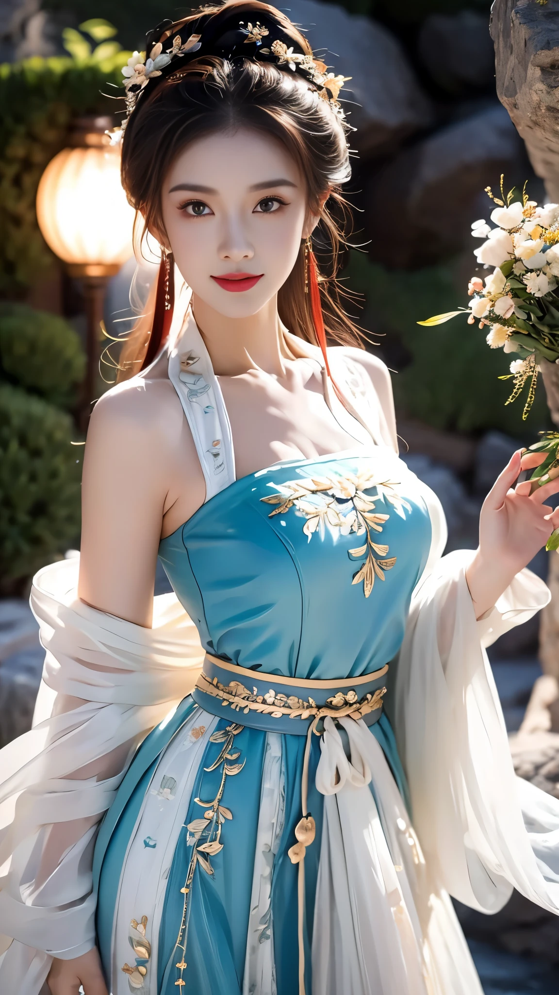 hanfu-song, hanfu, song theme, bandeau, tube top, ((gufeng,bare shoulders)), ((full body)), realistic, fashi-girl, red lips, mature female, makeup, Big eyes, Pretty eyes, ((full body)), ((from below)), (best quality, masterpiece:1.2), ultra-detailed, (realistic:1.37), ((Sexy long legs)), beautiful, youthful, glamorous model with (detailed eyes, detailed lips, extremely detailed eyes), showcasing a radiant smile, creating a breathtaking depiction of a girl, Warm tones, extremely high color saturation, official art, extremely detailed CG unified 8k wallpaper,(High dynamic range :1.4), (cinematic),(soft colors, dull colors, soothing tones :1.3), (natural skin texture, ultra-realistic, soft light, sharp),(very detailed), Night, moonlight, ((In the mountains, plants, leaning against the rocks))