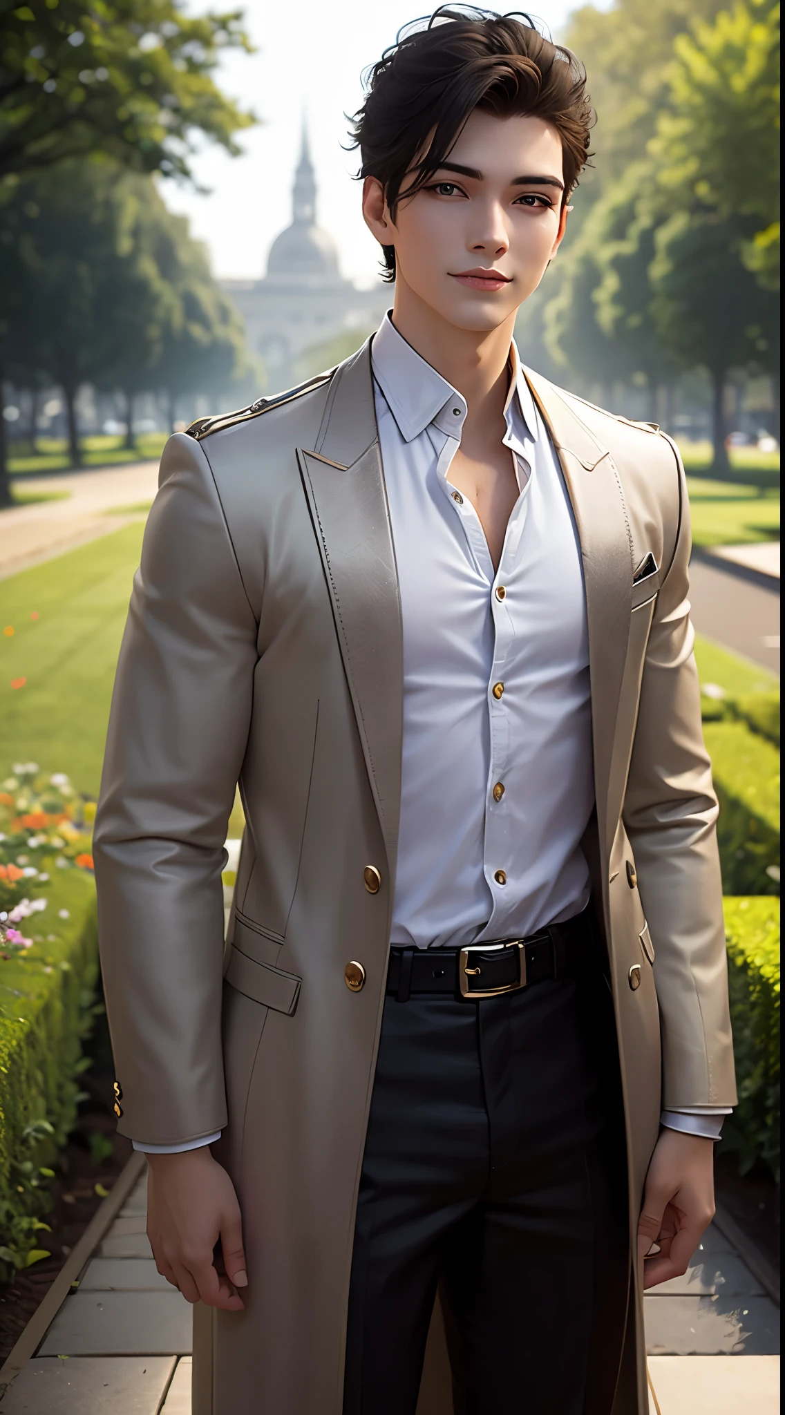 A nice young man with long coats.  Stand smiling.  In the garden of roses, big flowers., brown hair, glowing eyes, smile, modern, depth of field, god rays, multiple views, UHD, anatomically correct, textured skin