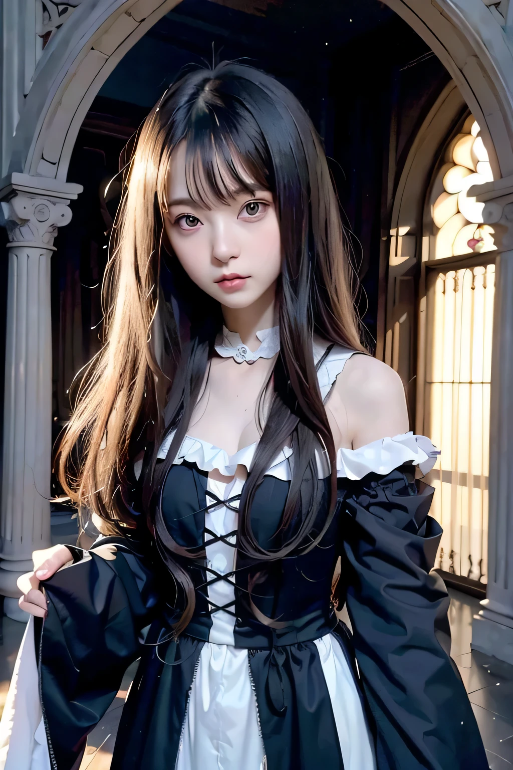 8k、High resolution、Beautiful Girl of the Wizard、gothic costume、young、white skin,、narrow eyes,high nose,lighting that illuminates the face、clear image、intellectual beauty、skinny、no makeup、arrogant look,shining hair、single eyelid,、vivid pose、looking at camera