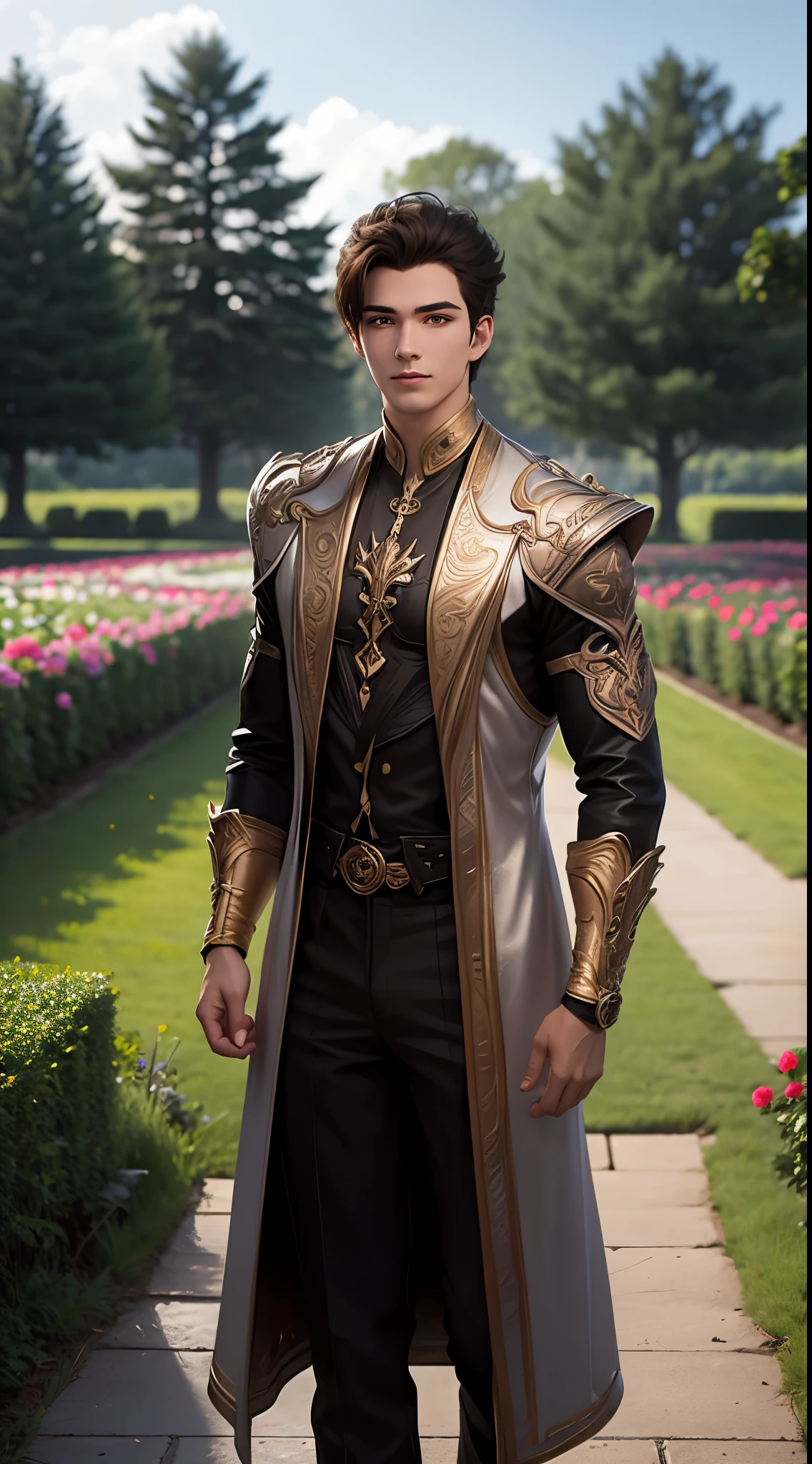 A nice young man with long coats.  Stand smiling.  In the garden of roses, big flowers., brown hair, glowing eyes, smile, modern, depth of field, god rays, multiple views, UHD, anatomically correct, textured skin