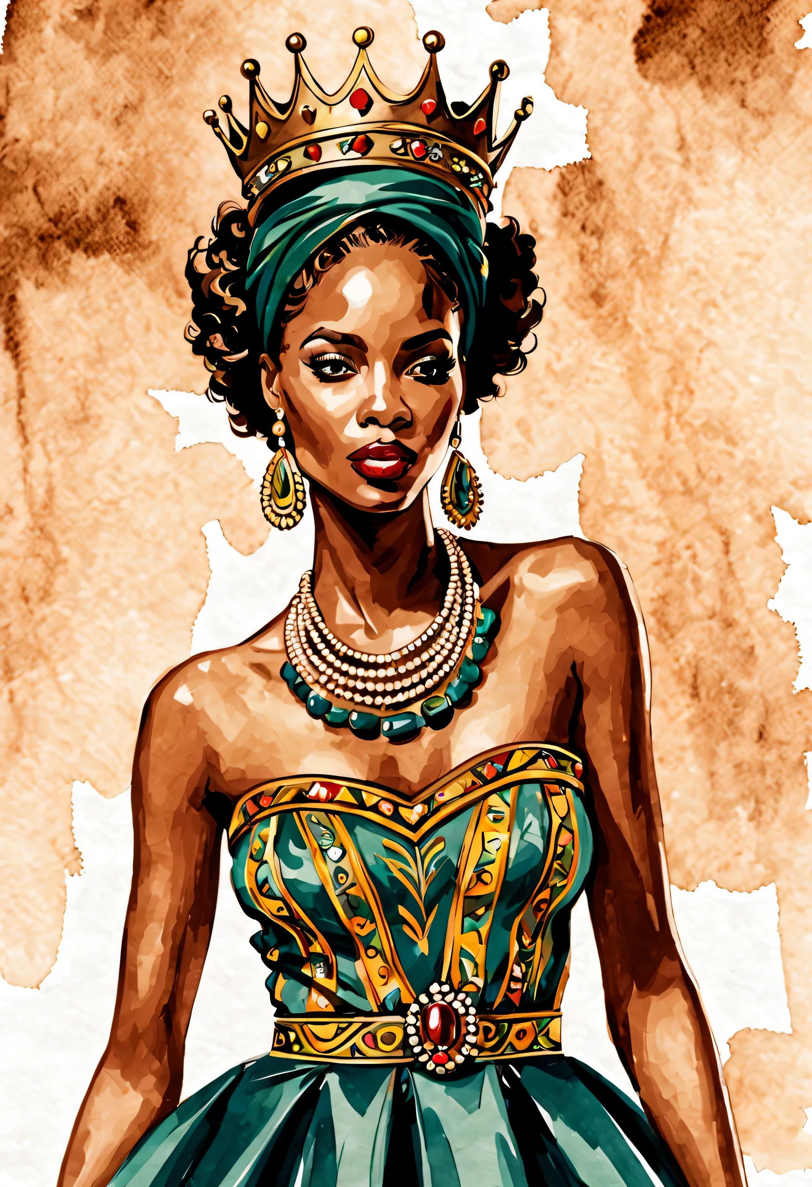 traditional african american fashion illustration, lady with crown on fashion illustration
