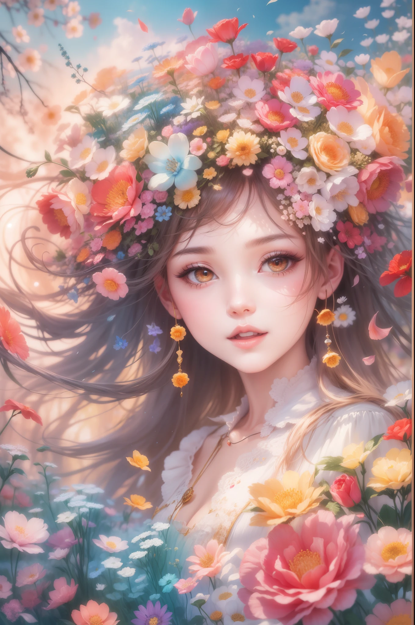 A scene of flowers full of vitality and color。Adopt a dreamlike style of painting,Let the sea of flowers exude a mysterious and charming atmosphere。In this sea of flowers,All kinds of flowers are blooming,As beautiful as walking out of a fairy tale。Under the breeze,Petals sparkle in the sun,As if beating the melody of life。The whole picture is full of fairy magic and fantasy colors,Let people feel the beauty and infinite possibilities of nature。Let your imagination run wild,Create a heart-warming picture of a sea of flowers!