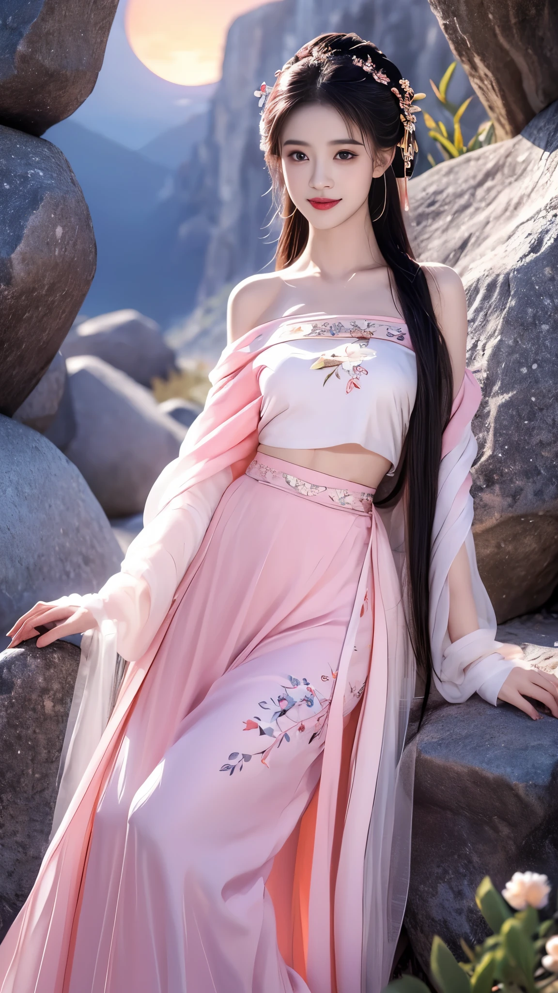 hanfu-song, hanfu, song theme, bandeau, tube top, ((gufeng,bare shoulders)), ((full body)), realistic, fashi-girl, red lips, mature female, makeup, Big eyes, Pretty eyes, ((full body)), ((from below)), (best quality, masterpiece:1.2), ultra-detailed, (realistic:1.37), ((Sexy long legs)), beautiful, youthful, glamorous model with (detailed eyes, detailed lips, extremely detailed eyes), showcasing a radiant smile, creating a breathtaking depiction of a girl, Warm tones, extremely high color saturation, official art, extremely detailed CG unified 8k wallpaper,(High dynamic range :1.4), (cinematic),(soft colors, dull colors, soothing tones :1.3), (natural skin texture, ultra-realistic, soft light, sharp),(very detailed), Night, moonlight, ((In the mountains, plants, leaning against the rocks))