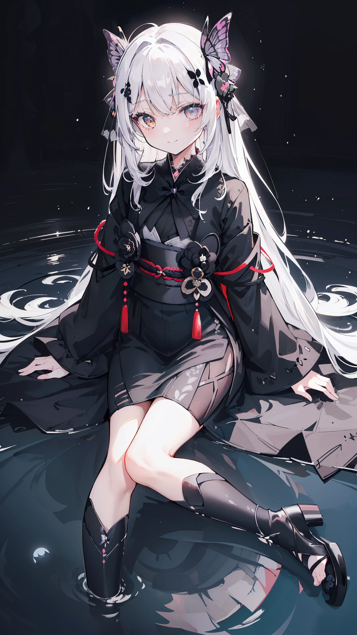 32k, perfect body, cute , cute smile, cute dress, long hair, white hair, black dress, ((black butterfly)), ((black butterfly hair ornament)), ((black butterfly shaped brooch)), ((black butterfly dress)), ((black ligth particle)), (((beautiful quality))), ((black kimono)), ((black Japanese clothing)), (((the floor is on the water))), ((full moon)),