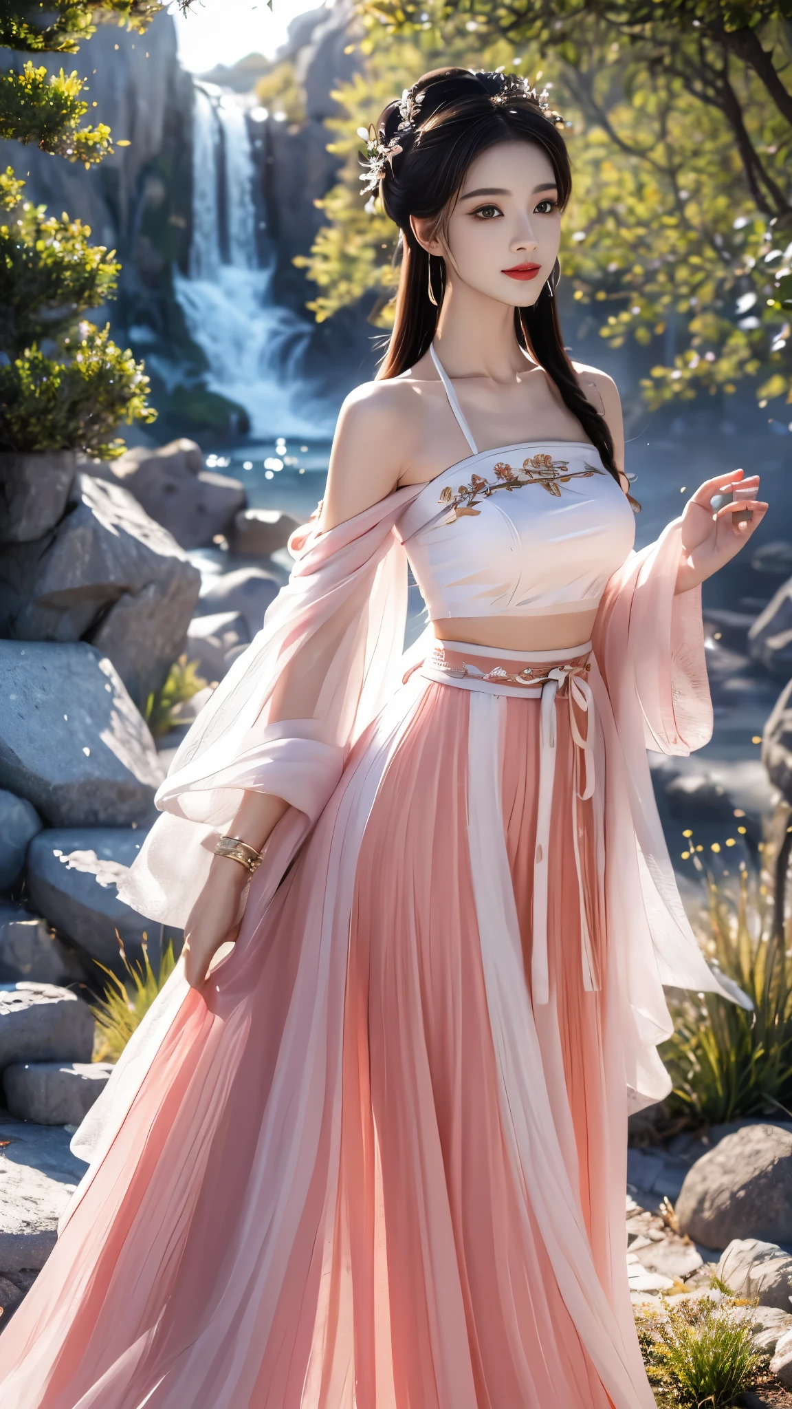 hanfu-song, hanfu, song theme, bandeau, tube top, ((gufeng,bare shoulders)), ((full body)), realistic, fashi-girl, red lips, mature female, makeup, Big eyes, Pretty eyes, ((full body)), ((from below)), (best quality, masterpiece:1.2), ultra-detailed, (realistic:1.37), ((Sexy long legs)), beautiful, youthful, glamorous model with (detailed eyes, detailed lips, extremely detailed eyes), showcasing a radiant smile, creating a breathtaking depiction of a girl, Warm tones, extremely high color saturation, official art, extremely detailed CG unified 8k wallpaper,(High dynamic range :1.4), (cinematic),(soft colors, dull colors, soothing tones :1.3), (natural skin texture, ultra-realistic, soft light, sharp),(very detailed), Night, moonlight, ((In the mountains, plants, leaning against the rocks))