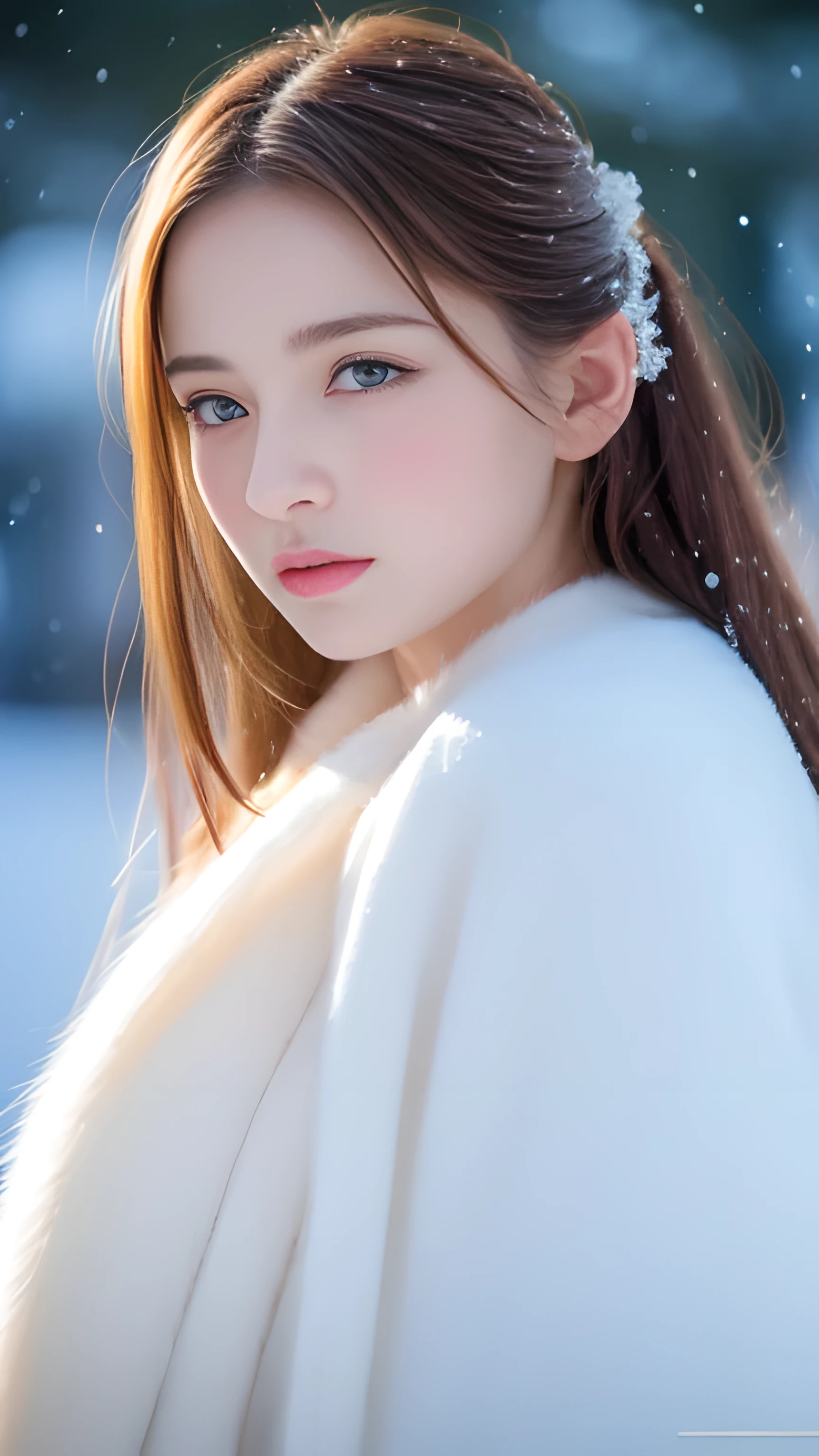 (highest quality, 8k, 32K,details are very clear),realistic, High resolution, 1 Japanese woman, alone, (lolita costume),luxurious costume,towards the audience,(Upper body,upper limbs), beautiful eyes, brown hair, Ring-shaped eyes, (outside,heavy snowfall,thick fur cape,cover with snow),snowfield,blue eyes,highest qualityのイラスト,detailed facial features