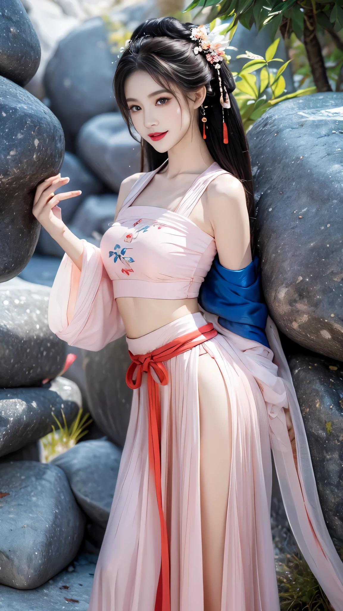 hanfu-song, hanfu, song theme, bandeau, tube top, ((gufeng,bare shoulders)), ((full body)), realistic, fashi-girl, red lips, mature female, makeup, Big eyes, Pretty eyes, ((full body)), ((from below)), (best quality, masterpiece:1.2), ultra-detailed, (realistic:1.37), ((Sexy long legs)), beautiful, youthful, glamorous model with (detailed eyes, detailed lips, extremely detailed eyes), showcasing a radiant smile, creating a breathtaking depiction of a girl, Warm tones, extremely high color saturation, official art, extremely detailed CG unified 8k wallpaper,(High dynamic range :1.4), (cinematic),(soft colors, dull colors, soothing tones :1.3), (natural skin texture, ultra-realistic, soft light, sharp),(very detailed), Night, moonlight, ((In the mountains, plants, leaning against the rocks))