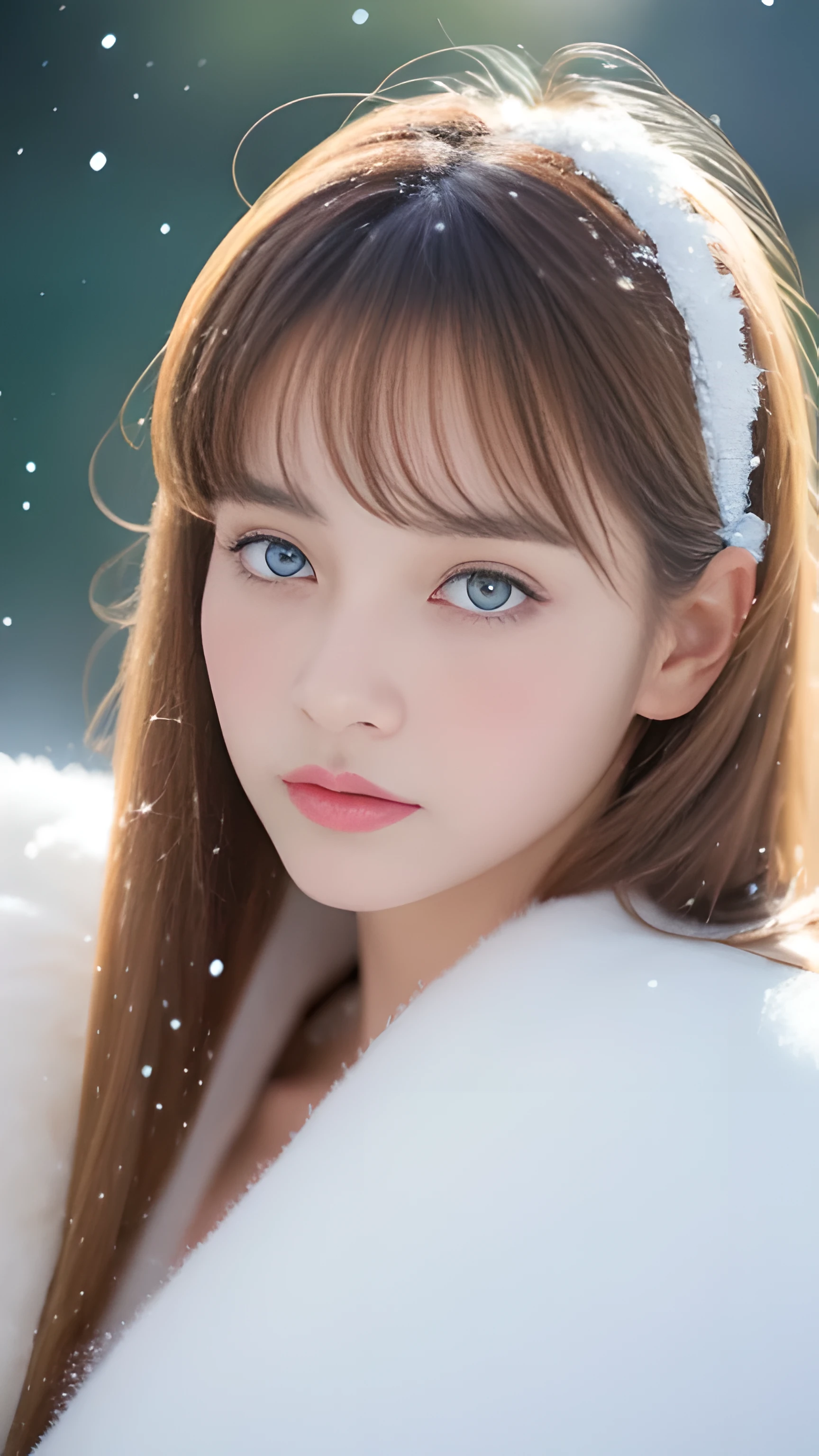(highest quality, 8k, 32K,details are very clear),realistic, High resolution, 1 Japanese woman, alone, (lolita costume),luxurious costume,towards the audience,(Upper body,upper limbs), beautiful eyes, brown hair, Ring-shaped eyes, (outside,heavy snowfall,thick fur cape,cover with snow),snowfield,blue eyes,highest qualityのイラスト,detailed facial features、swimsuit