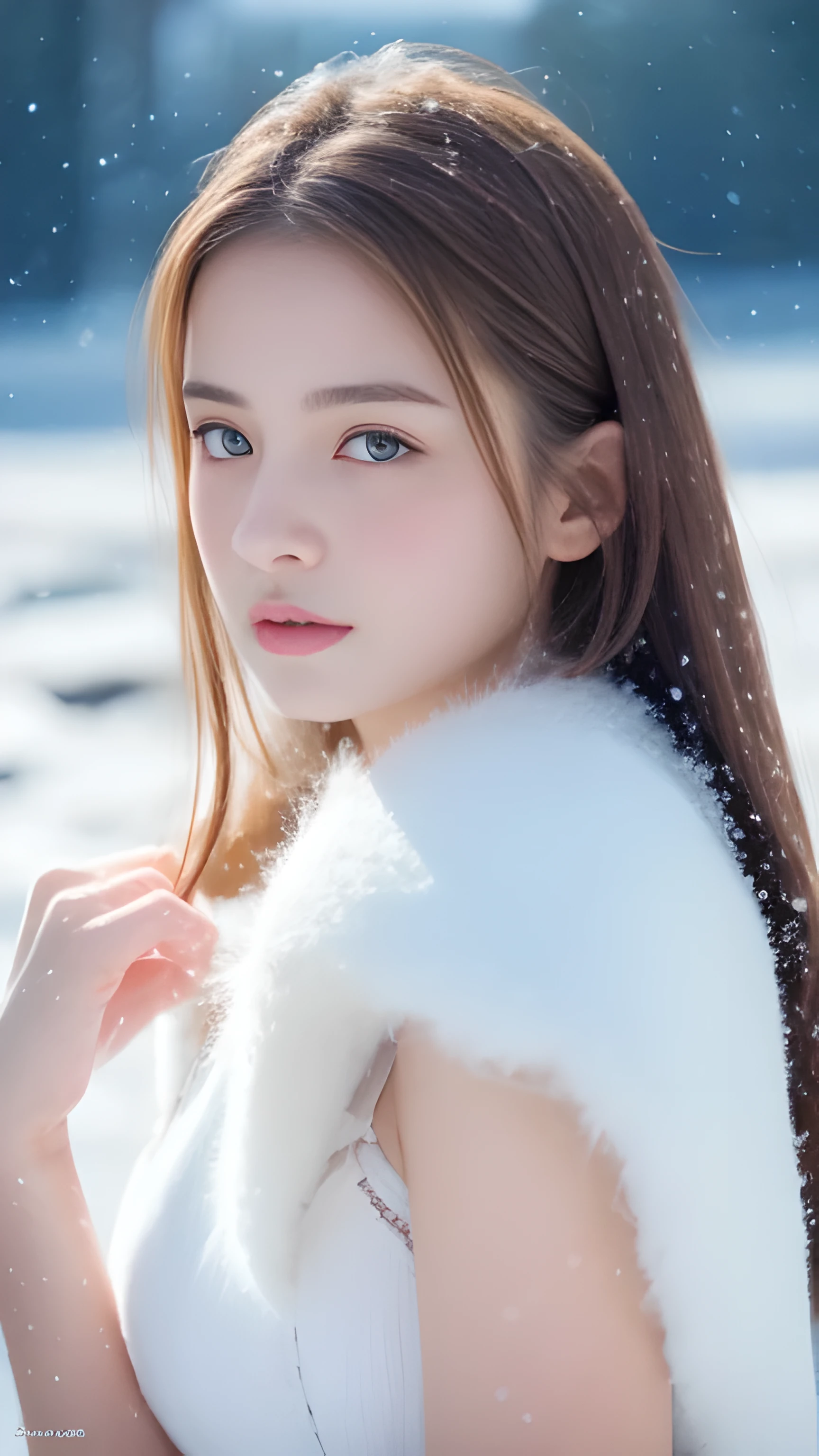 (highest quality, 8k, 32K，details are very clear),realistic, High resolution, 1 Japanese woman, alone, (lolita costume)，luxurious costume，towards the audience，(Upper body，upper limbs)， beautiful eyes, brown hair, Ring-shaped eyes, (outside，heavy snowfall，thick fur cape，cover with snow)，snowfield，blue eyes，highest qualityのイラスト，detailed facial features、swimsuit