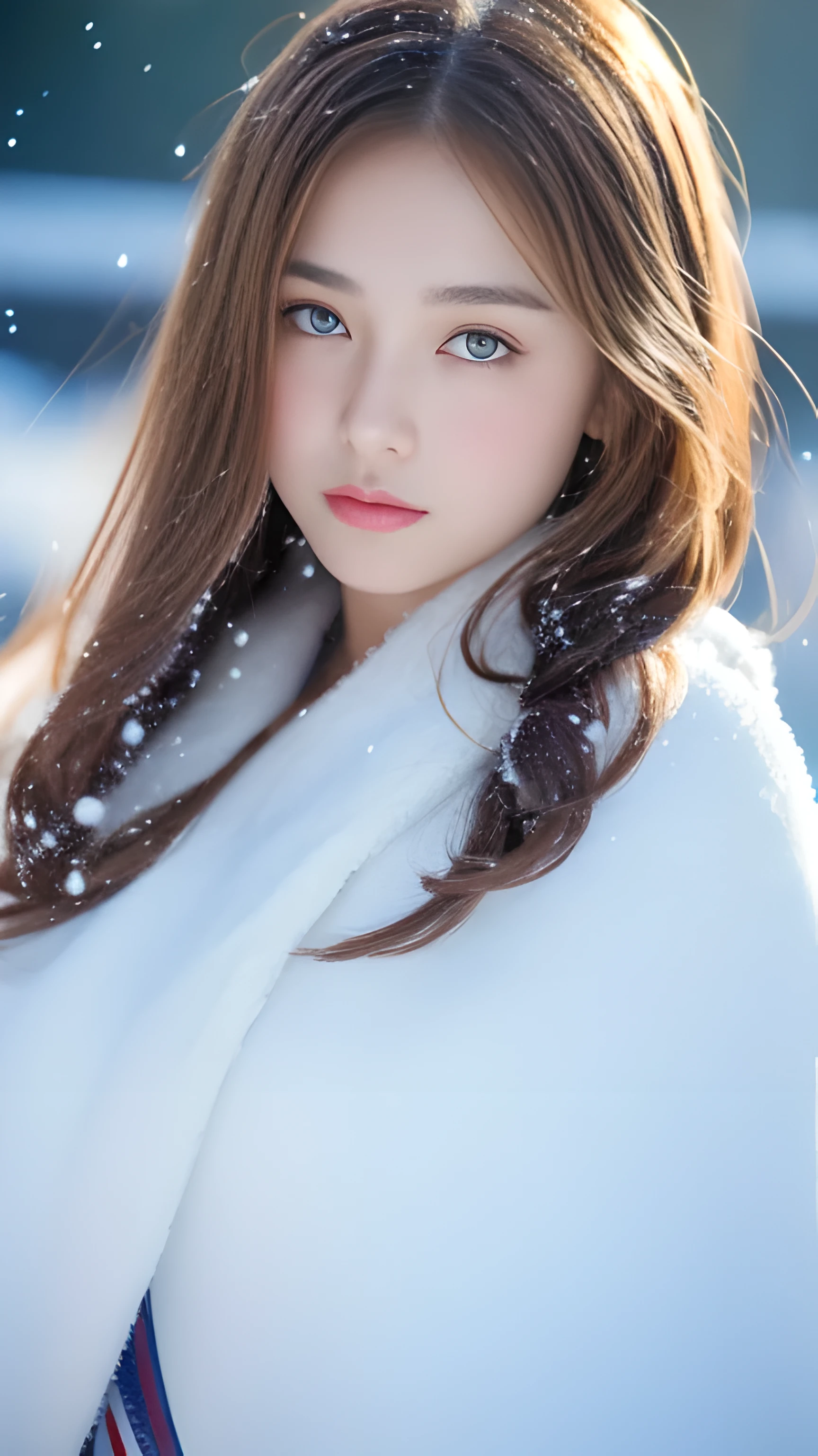 (highest quality, 8k, 32K，details are very clear),realistic, High resolution, 1 Japanese woman, alone, (lolita costume)，luxurious costume，towards the audience，(Upper body，upper limbs)， beautiful eyes, brown hair, Ring-shaped eyes, (outside，heavy snowfall，thick fur cape，cover with snow)，snowfield，blue eyes，highest qualityのイラスト，detailed facial features、swimsuit