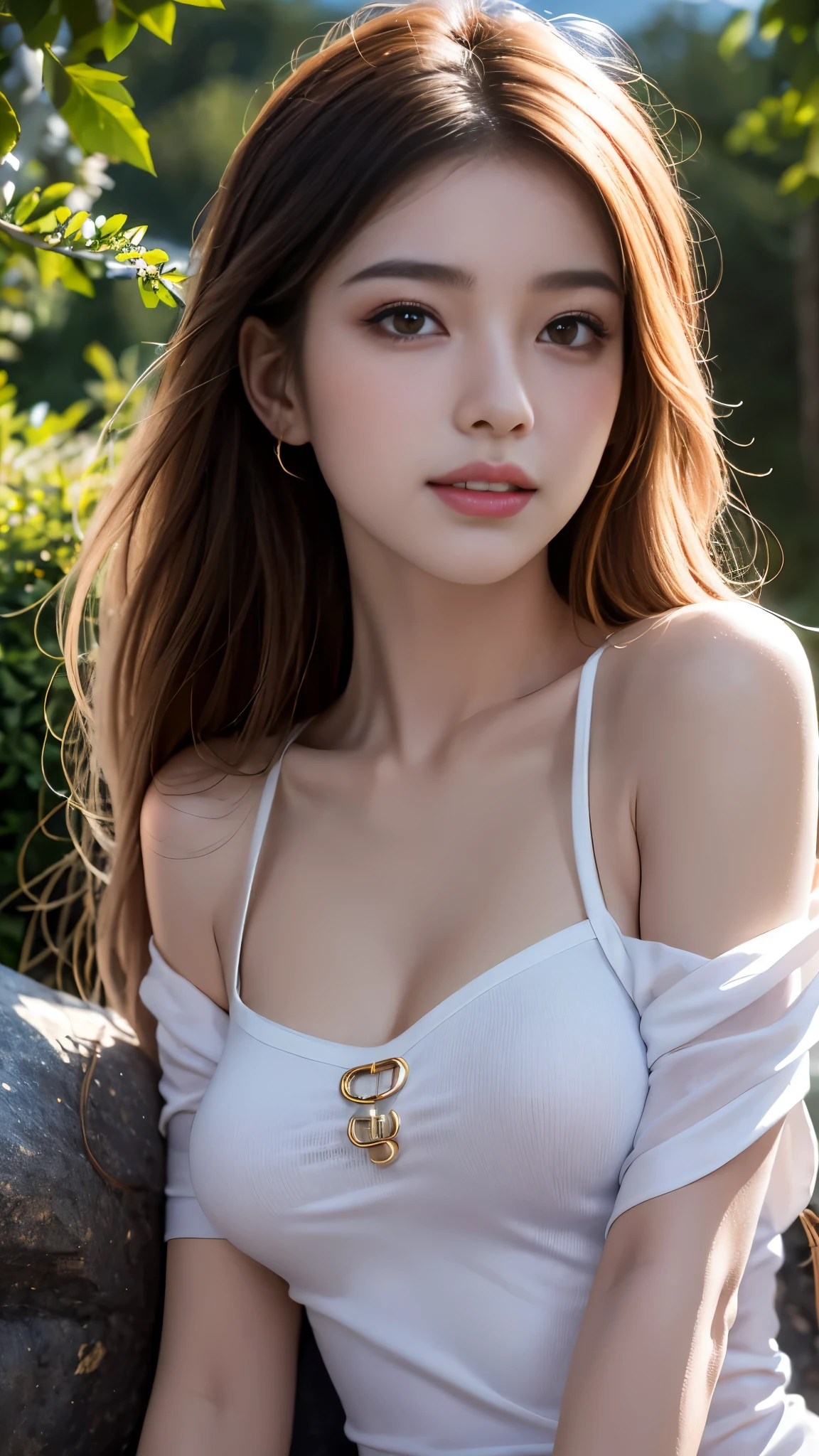 ((gufeng,bare shoulders)), ((full body)), realistic, fashi-girl, red lips, mature female, makeup, Big eyes, Pretty eyes, ((full body)), ((from below)), (best quality, masterpiece:1.2), ultra-detailed, (realistic:1.37), ((Sexy long legs)), beautiful, youthful, glamorous model with (detailed eyes, detailed lips, extremely detailed eyes), showcasing a radiant smile, creating a breathtaking depiction of a girl, Warm tones, extremely high color saturation, official art, extremely detailed CG unified 8k wallpaper,(High dynamic range :1.4), (cinematic),(soft colors, dull colors, soothing tones :1.3), (natural skin texture, ultra-realistic, soft light, sharp),(very detailed), Night, moonlight, ((In the mountains, plants, leaning against the rocks))