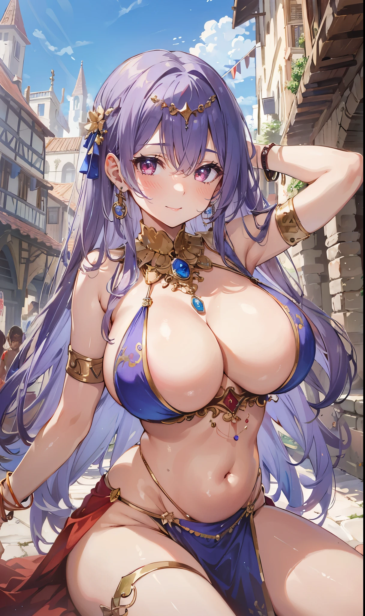 high quality, ultra detailed, best quality, insanely detailed, beautiful, masterpiece, 1girl, plaza, medieval Europe, cowboy shot, red eyes, long hair, light purple hair, (belly dancer, harem outfit, pelvic curtain:1.2), purple costume, bare legs, circlet, earrings, armlets, bracelets, bashful smile, dancing, large breasts, cleavage, soft stomach