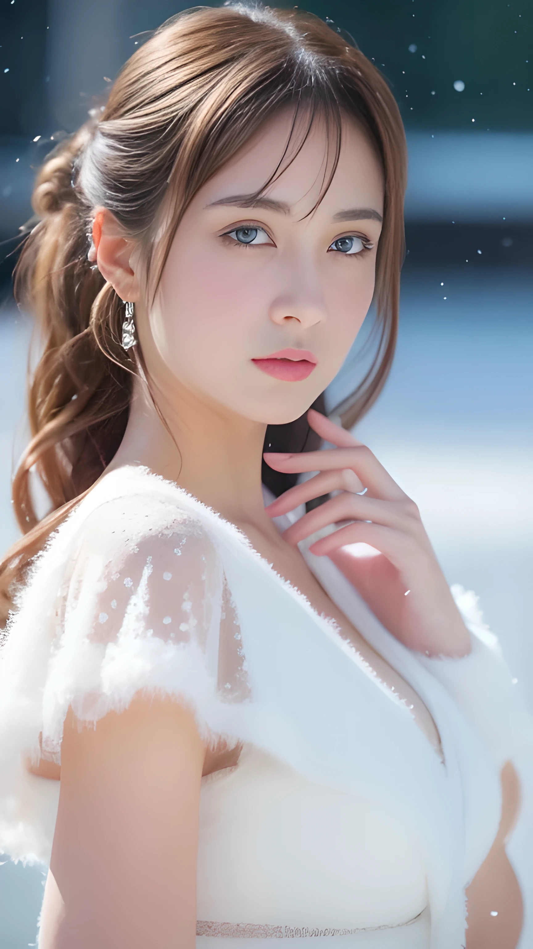 (highest quality, 8k, 32K,details are very clear),realistic, High resolution, 1 Japanese woman, alone, (lolita costume),luxurious costume,towards the audience,(Upper body,upper limbs), beautiful eyes, brown hair, Ring-shaped eyes, (outside,heavy snowfall,thick fur cape,cover with snow),snowfield,blue eyes,highest qualityのイラスト,detailed facial features、swimsuit