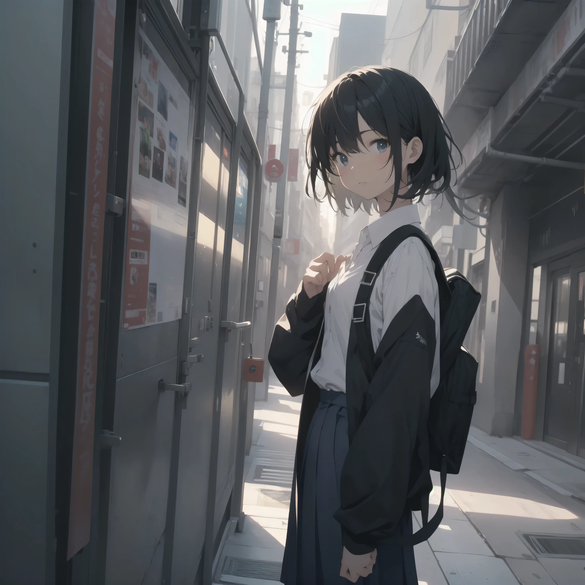 Super absurd quality by the god of art, super detailed, High resolution, anime moe art style, Best Anime 8K Kona-chan Wallpaper, pixiv contest winner, perfect anatomy, break,(眠そうにalone学校へ行く女の子を描いてください. )break,1 girl, (alone,little woman, baby face, 13 years old:1.3),All limbs, full finger,, The charm of an immature body, (very_short hair), bangs, flat chest, Small Bodysuits, small ass, between legs, small black eyes, detailed and beautiful eyes, Well-proportioned iris and pupils, expressive eyes, sleepy eyes, High resolutionの詳細な髪, hair ornaments, skirt, collared shirt, pleated skirt, school uniform, school bag,(detailed lighting), (detailed background), On the way to school. break,super dense skin, Best movie lighting by famous artists, 8k,cute illustration,photoshop_(Moderate),Absurd Hi-Res,Hmm,rough skin