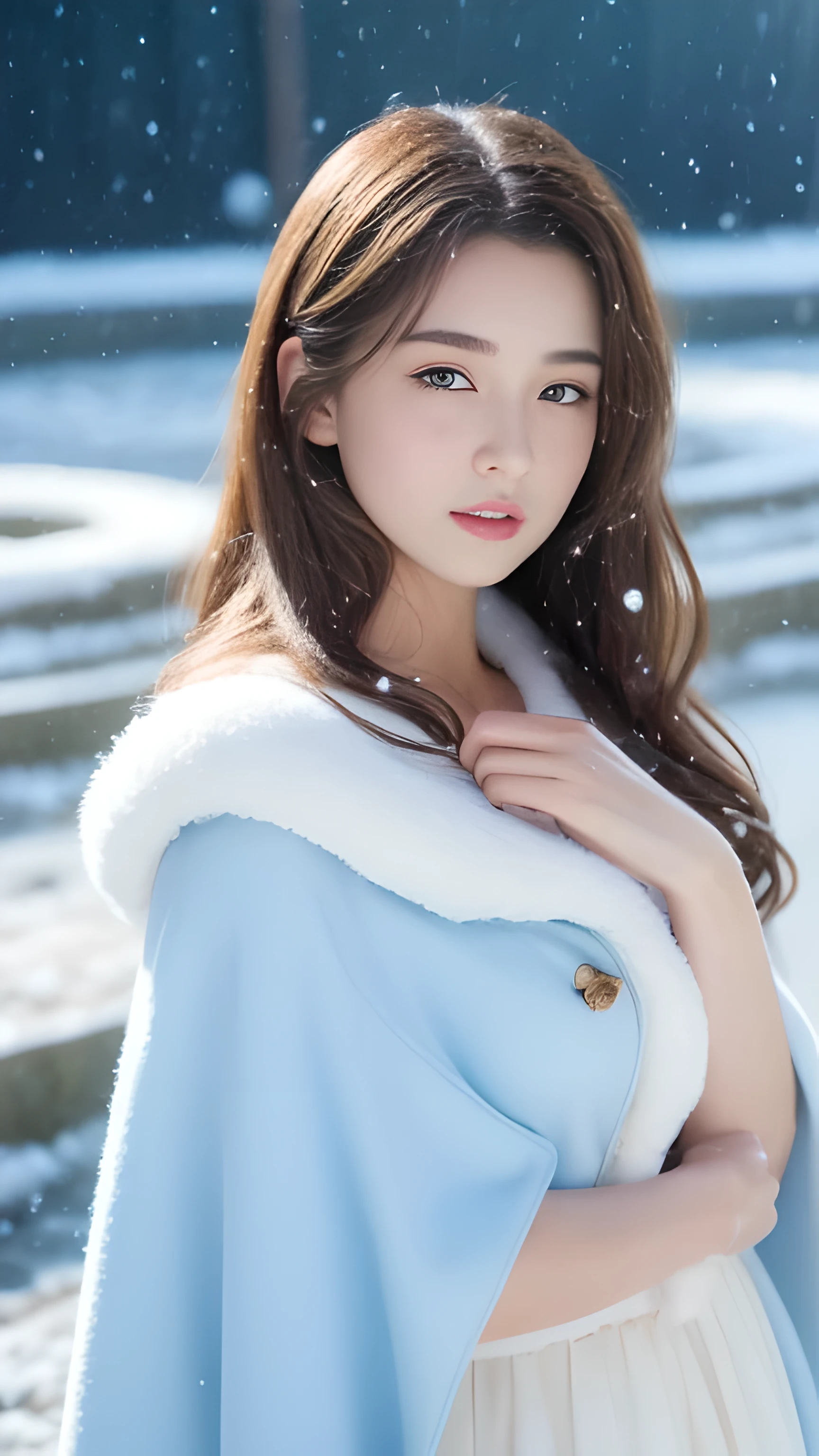 (highest quality, 8k, 32K,details are very clear),realistic, High resolution, 1 Japanese woman, alone, (ta costume),luxurious costume,towards the audience,(Upper body,upper limbs), beautiful eyes, brown hair, Ring-shaped eyes, (outside,heavy snowfall,thick fur cape,cover with snow),snowfield,blue eyes,highest qualityのイラスト,detailed facial features、swimsuit