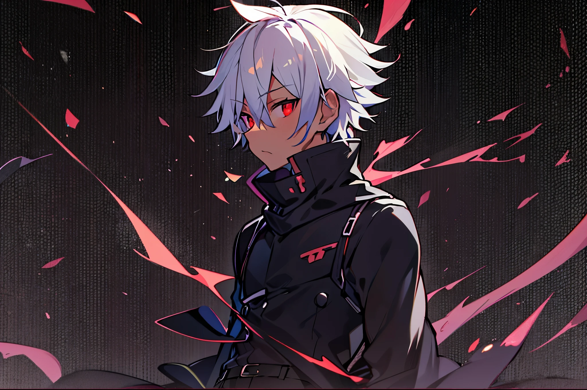 hight resolution,Anime boy with white hair and red eyes staring at camera, red eyes,slim, dressed in a black outfit,Shadow Body,Brown skin,monochromes,hair messy,Diagonal angle