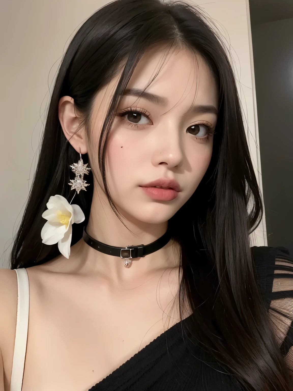 Kim Jennie con el cabello negro oscuro, con rulos en las puntas del cabello negro oscuro, con un ganchito de estrella en el cabello negro oscuro, ojos de color claro, ojos bonitos, ojos llorosos, nariz bonita y respingada, labios bonitos, labios rosas, heart and cupid shaped lip, piel bonita, pale, white skin, con lunares y pecas en todo el rostro, rubor rosa suave en las mejilla, rubor rosa natural, dark and gothic makeup, Jennie gotica, mientras ella esta con un chico lindo a su lado, with a cute asian boy standing next to her, mientras hay un torso de hombre, mientras el hombre'His hand is on her jaw., manos bonitas de hombre, with a gothic boy, cuellos bonito, cuello marcado, frown, mirada enojada, con un collar de beso, un collar bonito de beso, mientras muestra sus pechos desnudos, mientras tiene los pezones con dos corazones de papel rosa, tiene los pezonnes con corazones de papel rosa (pechos grandes, pechos suaves, pechos bonitos, pechos naturales), con un chico a su lado, con su novio, mirando a la camara, autofoto