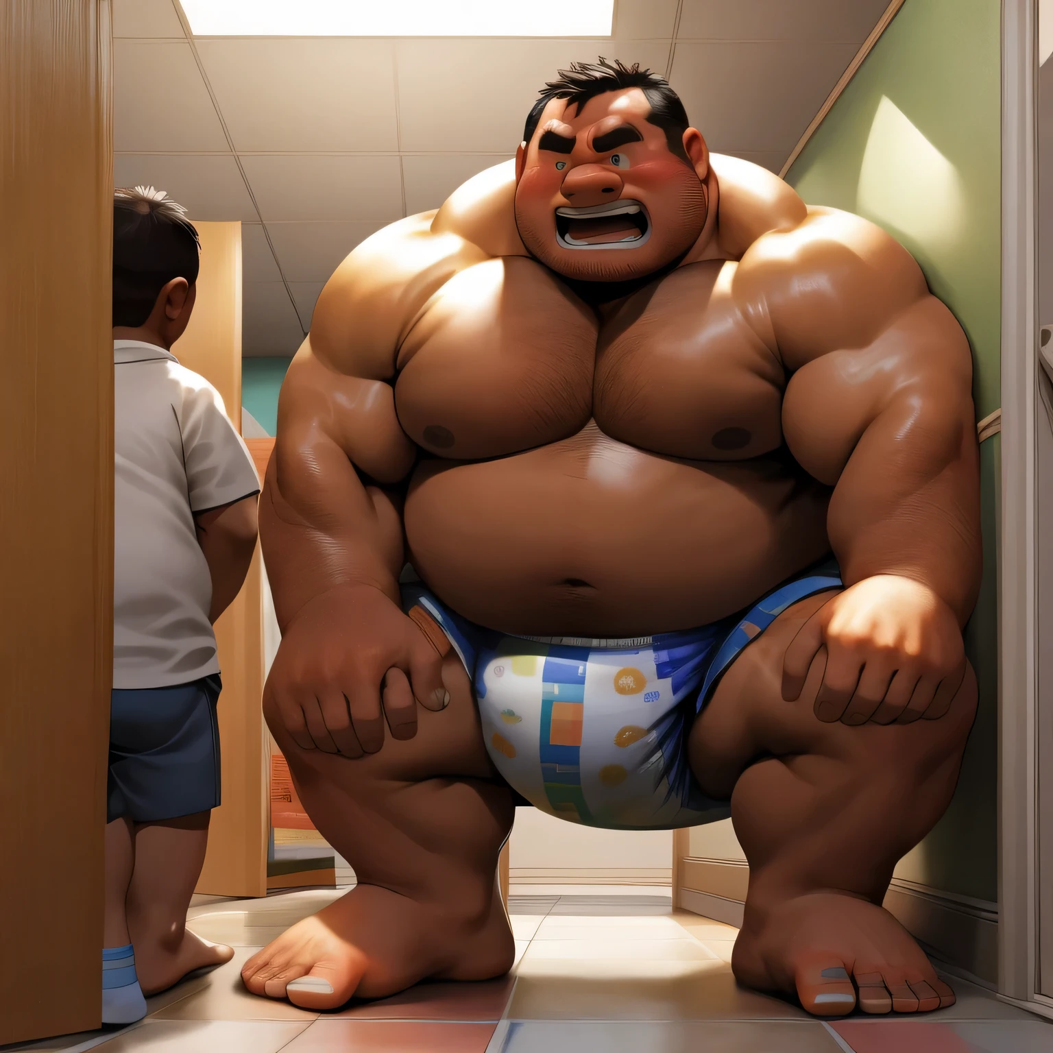 masterpiece, highest quality, At 32K, perfect fingers, very detailed, photo-realistic, the fat man is a cruel prisoner, retarded, hairy, human, the 50s in japan, (obesity: 1.0), fatty muscle, bowl leg, disappointment, I was incontinent, the 50s, Children check diapers, There is a small puddle under him, I was incontinent, naked, short legs, bowl leg, spread your legs, wear white cloth diapers, white diaper without pattern, pampers, nakedのお腹, naked足, naked足, nakedの靴底, 上半身naked, wide forehead and short thin hair, A man with a big face and stubble, naked足, nakedの靴底, shy, sob, Drool, round face, I enter a nursery school, but the children look down on me., he is made to stand in the corner of the playground, he was surrounded by children, naked足, big ass, white diaper, sob, There is a small puddle under him, sob,