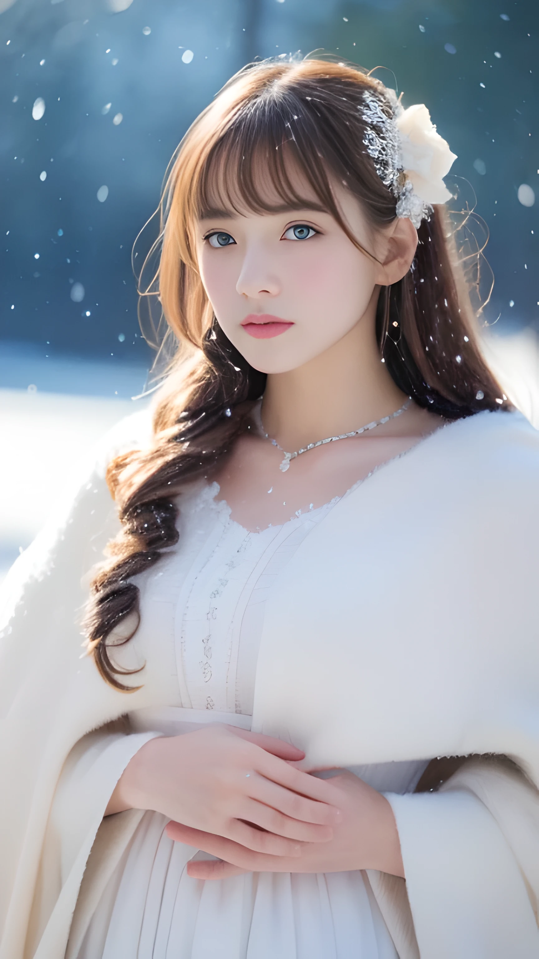 (highest quality, 8k, 32K,details are very clear),realistic, High resolution, 1 Japanese woman, alone, (lolita costume),luxurious costume,towards the audience,(Upper body,upper limbs), beautiful eyes, brown hair, Ring-shaped eyes, (outside,heavy snowfall,thick fur cape,cover with snow),snowfield,blue eyes,highest qualityのイラスト,detailed facial features、swimsuit