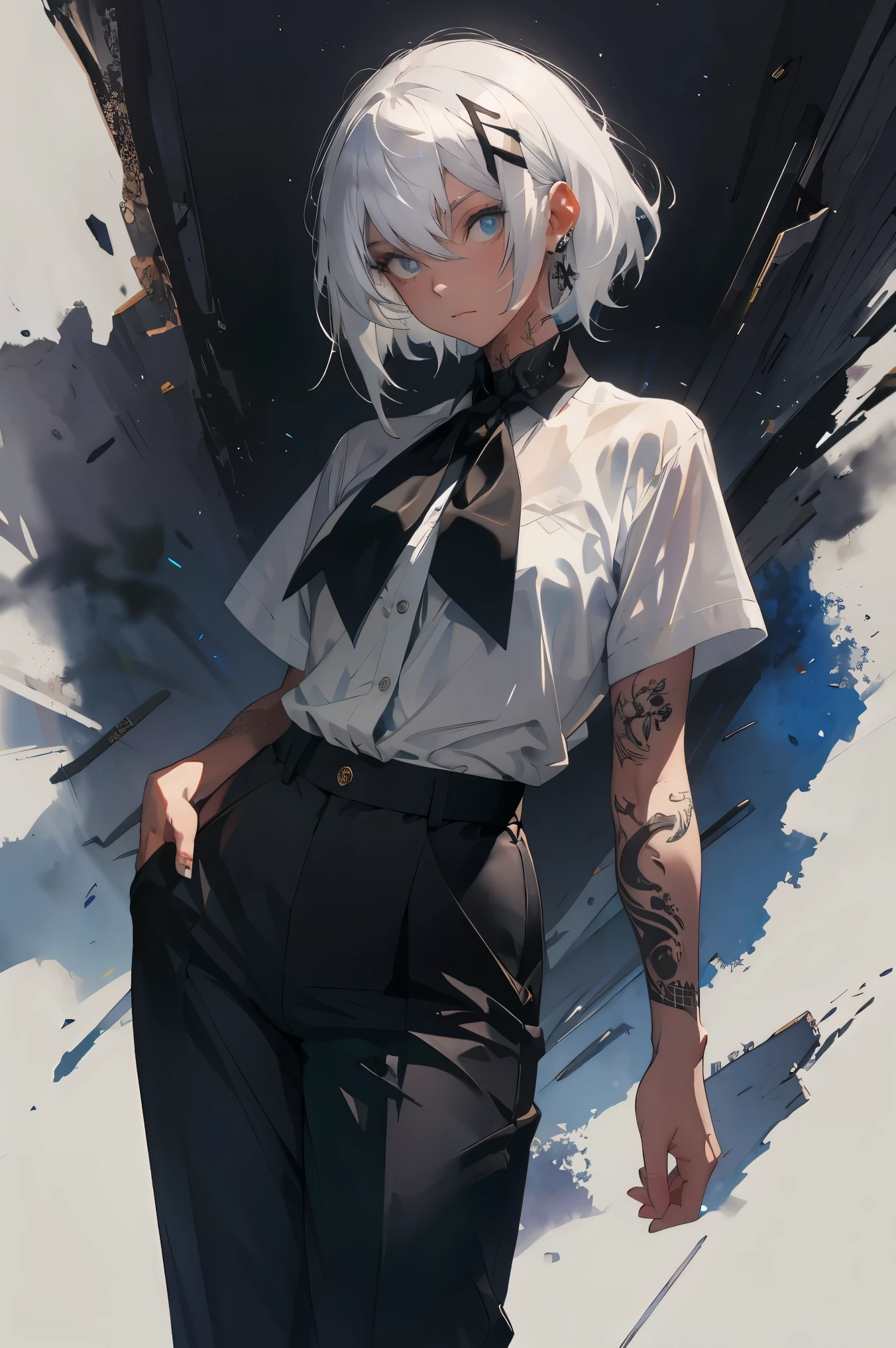 tmasterpiece， shorter pants， tmasterpiece， best qualtiy， High ISO， Dark persona， watercolor painting theme， （looki at viewer： 1.1）， Wide buttock， The large， standing on your feet， curving， tojo koneko， The eye， White hair， short detailed hair， hair adornments， white  shirt， Black ribbon around the neck， abdominals tattoo， Tattooed with，