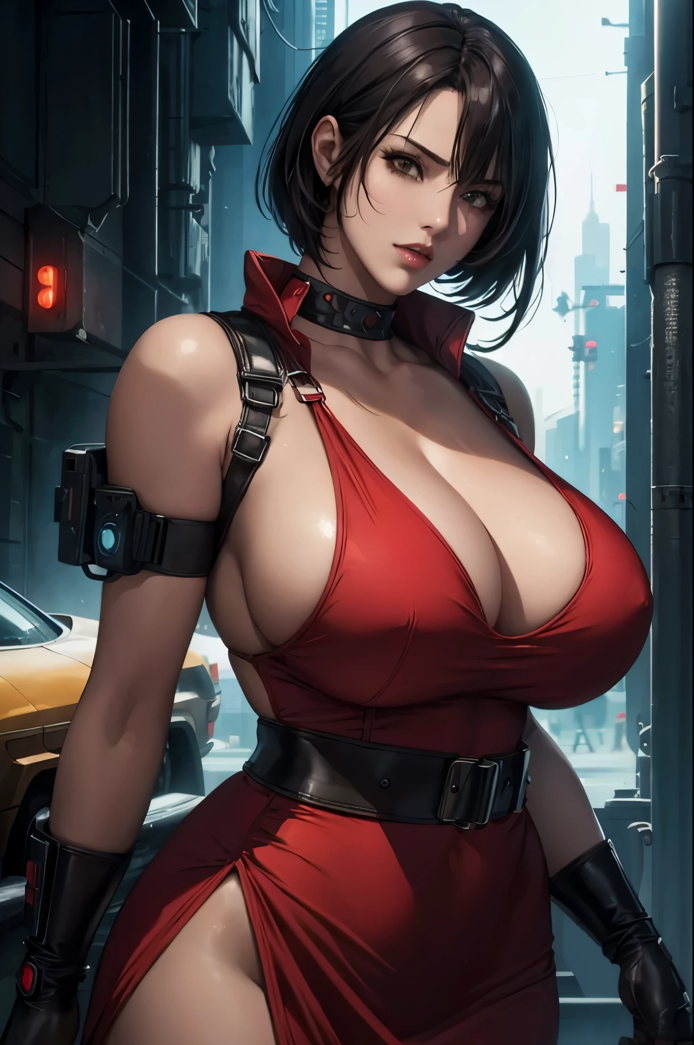 super fine illustration, ultra high resolution, masterpiece, highest quality, perfect shiny shinny skin, perfect lighting, detailed lighting, dramatic shadow, ray tracing, 1 beautiful milf, looking at the viewer, big breasts, exposed cleavage, beautiful detailed brown eyes, sharp face, clear eyes, red lips, long bangs, short cut black hair, ((cyberpunk dark city)), Upper body, Red long China dress, military harness, Aida Wong - Resident Evil Series,