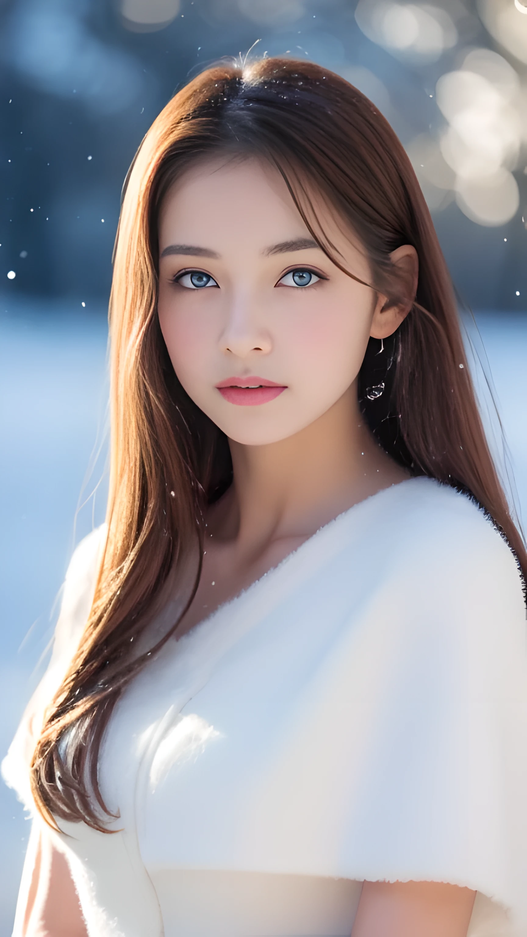 (highest quality, 8k, 32K,details are very clear),realistic, High resolution, 1 Japanese woman, alone, (ta costume),luxurious costume,towards the audience,(Upper body,upper limbs), beautiful eyes, brown hair, Ring-shaped eyes, (outside,heavy snowfall,thick fur cape,cover with snow),snowfield,blue eyes,highest qualityのイラスト,detailed facial features、swimsuit