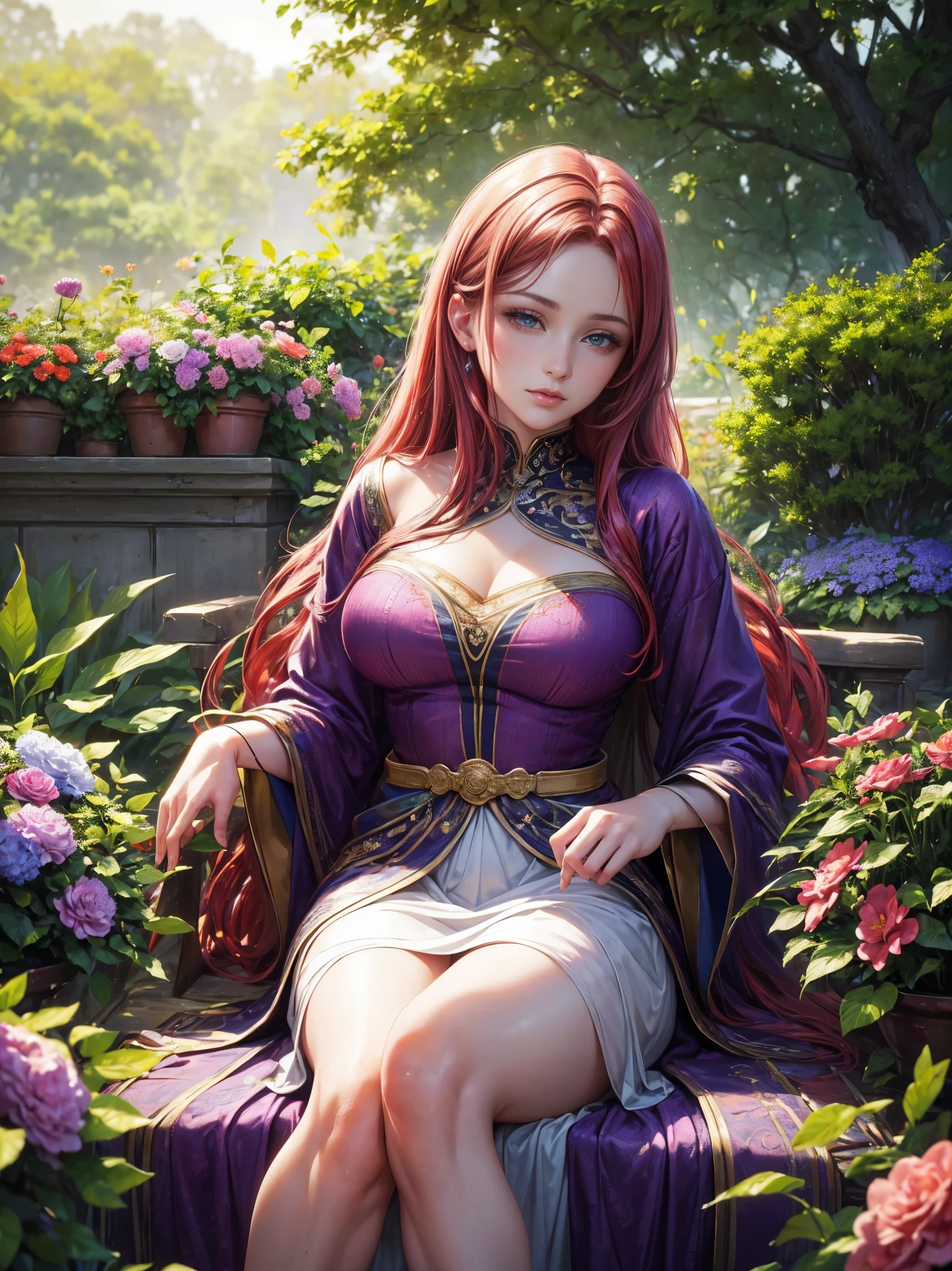 (best quality,4k,8k,highres,masterpiece:1.2),ultra-detailed,(realistic,photorealistic,photo-realistic:1.37), portraits, red-purple haired girl, very long and flowing hair, mesmerizing violet eyes, beautifully detailed eyes and face, big expressive eyes, luscious glossy lips, seductive gaze, front face view, stunningly beautiful face, medium: oil painting, vibrant colors, soft and warm color tones, delicate brushstrokes, exquisite attention to detail, captivating presence, alluring and mysterious aura, surrounded by a garden of vibrant flowers, lush green foliage, gentle sunlight casting a warm glow on her, creating a serene and enchanting atmosphere.