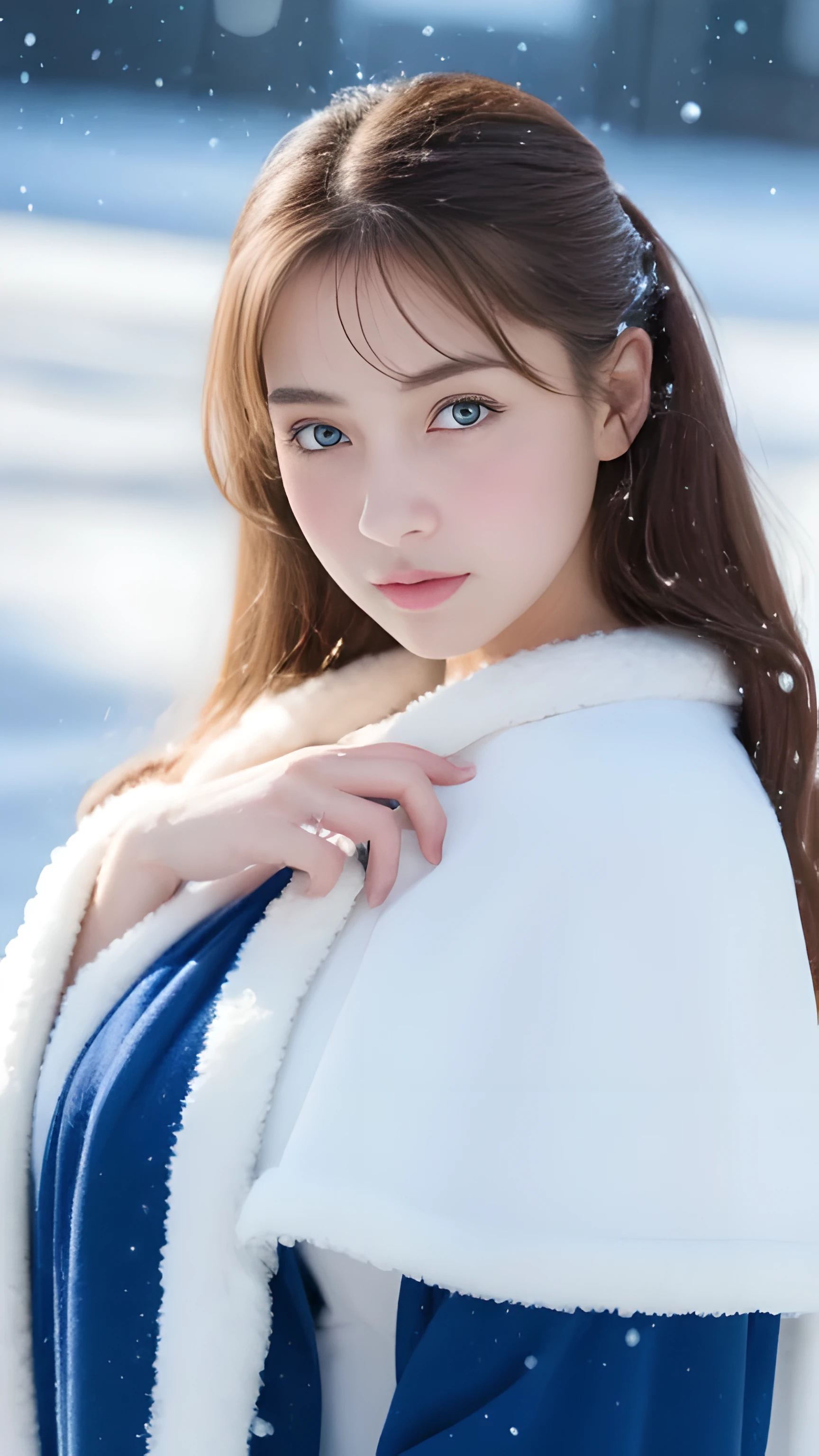 (highest quality, 8k, 32K,details are very clear),realistic, High resolution, 1 Japanese woman, alone, (lolita costume),luxurious costume,towards the audience,(Upper body,upper limbs), beautiful eyes, brown hair, Ring-shaped eyes, (outside,heavy snowfall,thick fur cape,cover with snow),snowfield,blue eyes,highest qualityのイラスト,detailed facial features、swimsuit