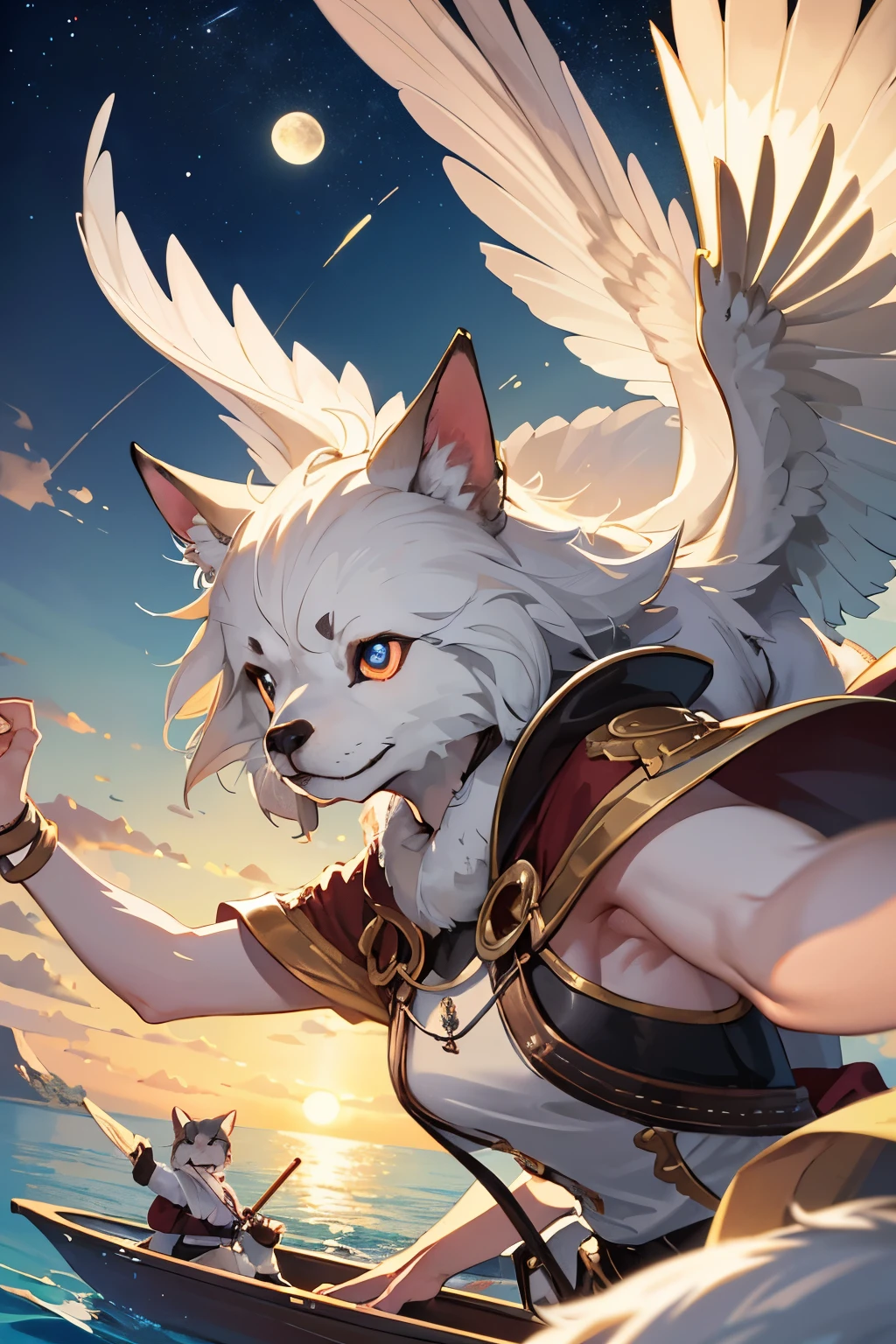 Masterpiece, whimsical scene, puppy in the sky, rowing boat, chasing moon, surreal, best quality, realistic, ultra-detailed, (fur texture: 1.2), (shining eyes: 1.5), playful expression, short snout, floppy ears, paw rowing, cloud background, twinkling stars, moonbeams, magical realism, dreamlike atmosphere, enhanced colors.