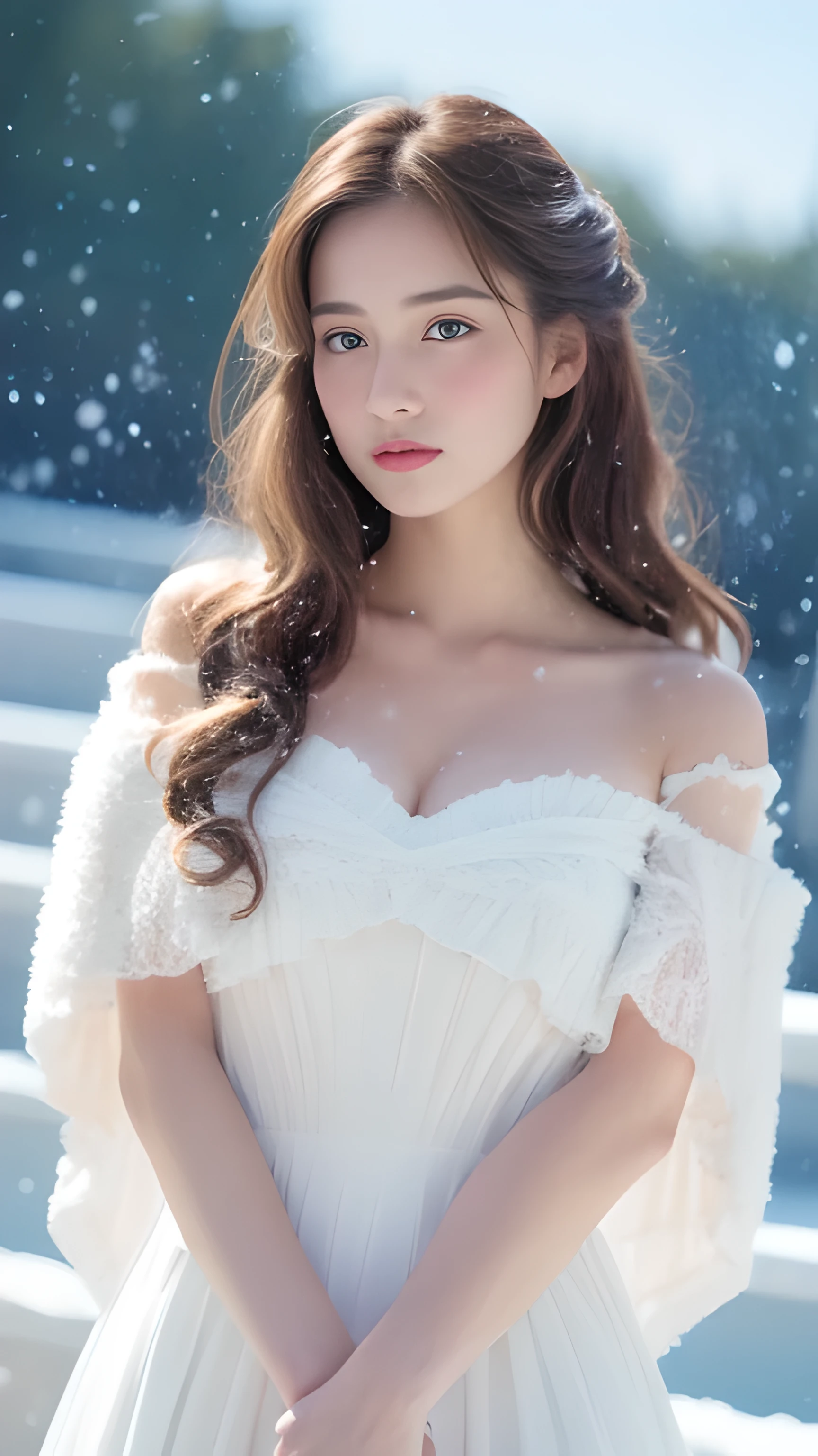 (highest quality, 8k, 32K,details are very clear),realistic, High resolution, 1 Japanese woman, alone, (lolita costume),luxurious costume,towards the audience,(Upper body,upper limbs), beautiful eyes, brown hair, Ring-shaped eyes, (outside,heavy snowfall,thick fur cape,cover with snow),snowfield,blue eyes,highest qualityのイラスト,detailed facial features、swimsuit