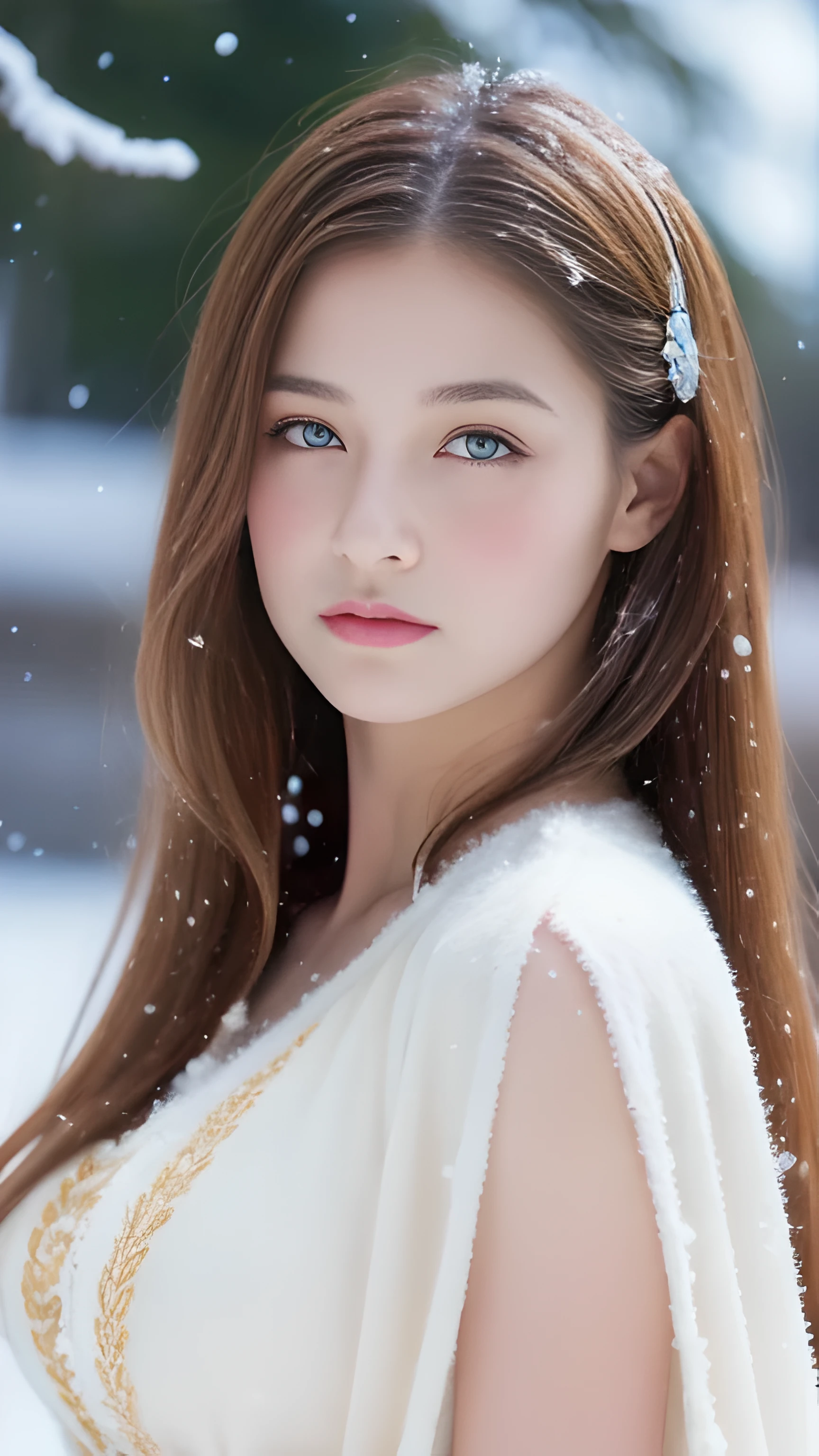 (highest quality, 8k, 32K,details are very clear),realistic, High resolution, 1 Japanese woman, alone, (ta costume),luxurious costume,towards the audience,(Upper body,upper limbs), beautiful eyes, brown hair, Ring-shaped eyes, (outside,heavy snowfall,thick fur cape,cover with snow),snowfield,blue eyes,highest qualityのイラスト,detailed facial features、swimsuit