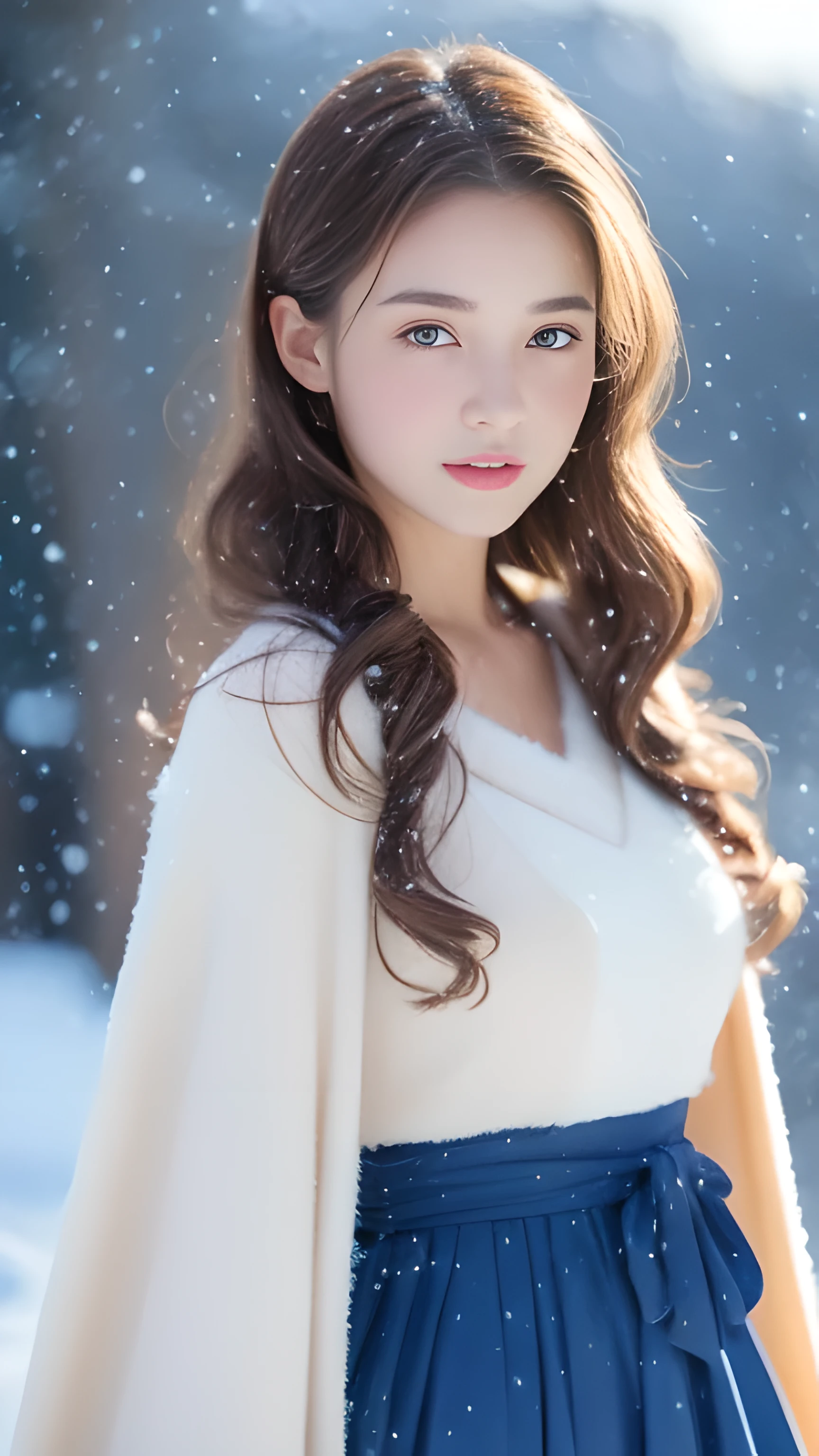 (highest quality, 8k, 32K,details are very clear),realistic, High resolution, 1 Japanese woman, alone, (ta costume),luxurious costume,towards the audience,(Upper body,upper limbs), beautiful eyes, brown hair, Ring-shaped eyes, (outside,heavy snowfall,thick fur cape,cover with snow),snowfield,blue eyes,highest qualityのイラスト,detailed facial features、swimsuit