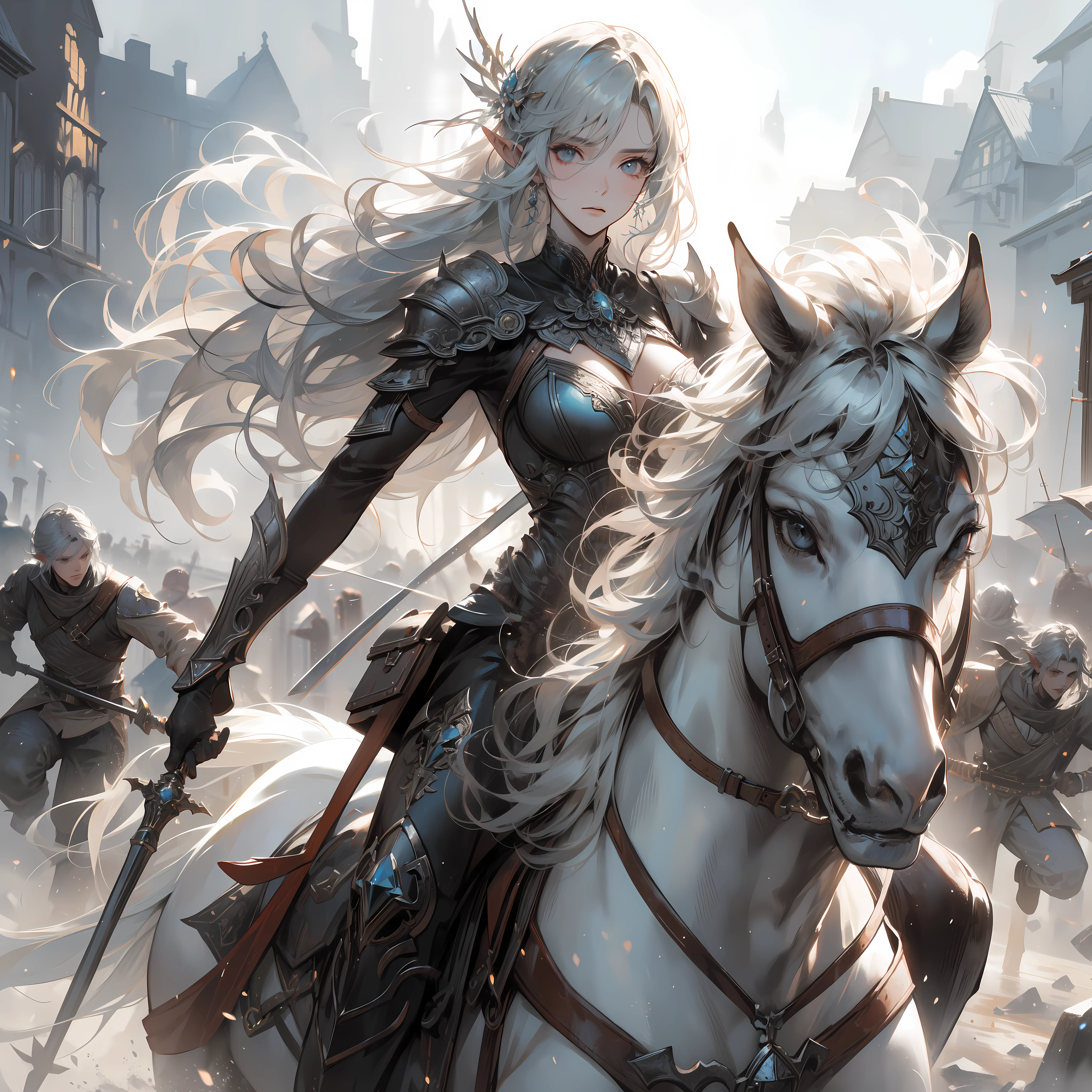 an medium white hair elf woman Hunter ((riding)) a horse, medium breast, in the ruined kingdom, fight against demon Lord, dynamic ground pov, Viewed from a distance, detailed face, watercolor painting, hyperdetailed, style by Yoji Shinkawa, by mikimoto Haruhiko, full body, dynamic pose, perfect anatomy, centered, freedom, soul, approach to perfection, cell shading, 8k, cinematic dramatic atmosphere, speed effect, particle effect, fantasy