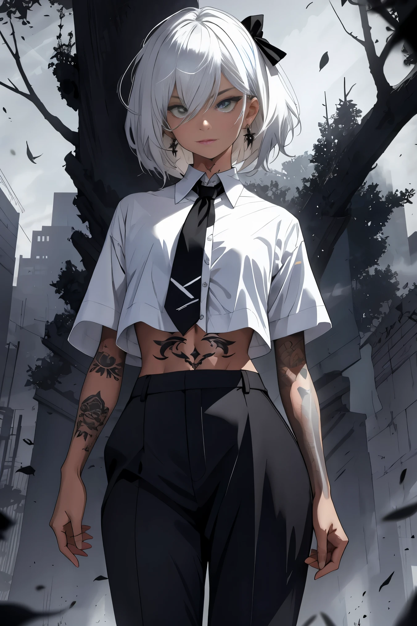 tmasterpiece, shorter pants, tmasterpiece, best qualtiy, High ISO, Dark persona, watercolor painting theme, (looki at viewer: 1.1), Wide buttock, The large, standing on your feet, curving, tojo koneko, The eye, White hair, short detailed hair, hair adornments, white shirt, Black ribbon around the neck, abdominals tattoo, Tattooed with,