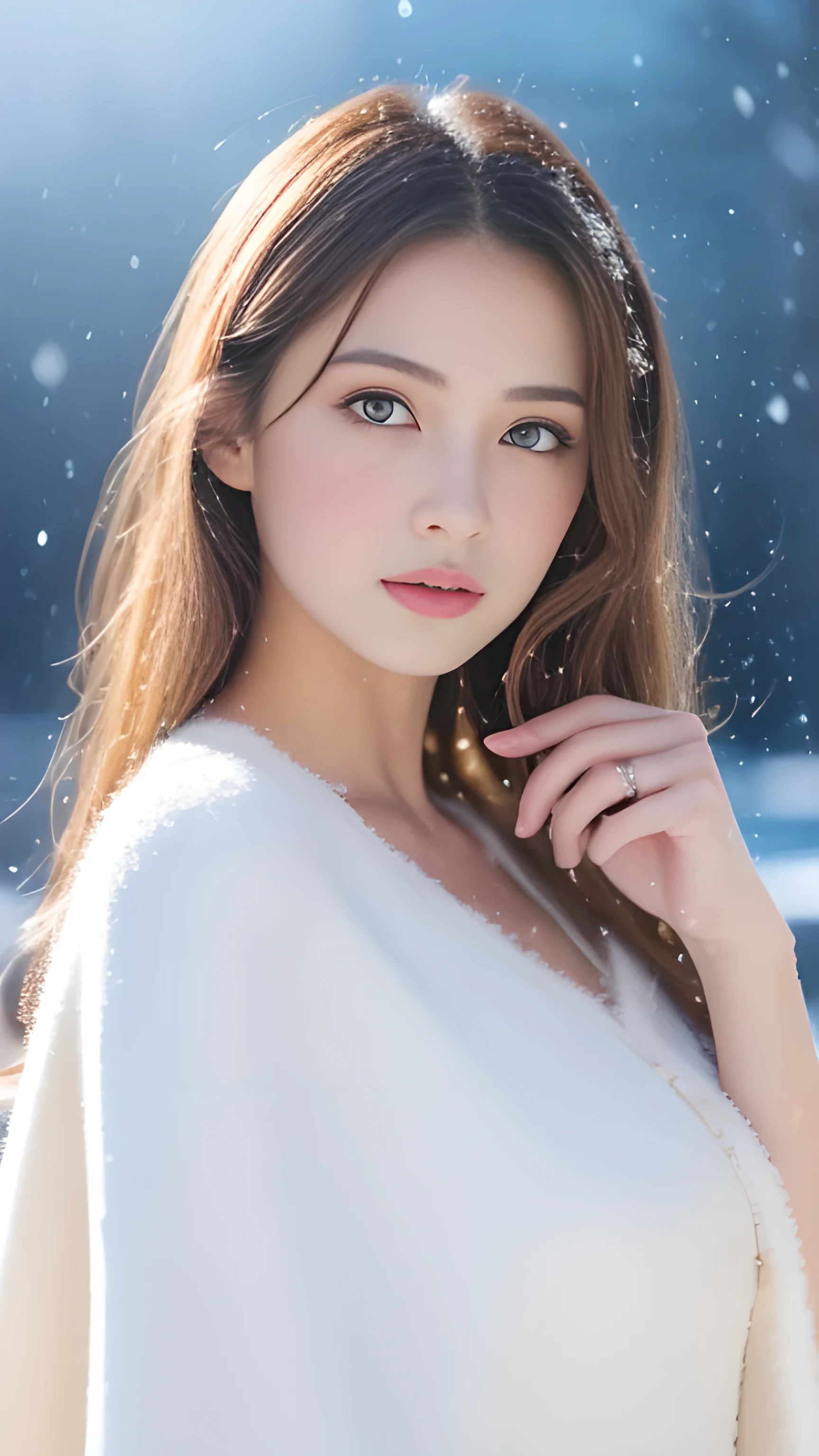 (highest quality, 8k, 32K，details are very clear),realistic, High resolution, 1 Japanese woman, alone, (lolita costume)，luxurious costume，towards the audience，(Upper body，upper limbs)， beautiful eyes, brown hair, Ring-shaped eyes, (outside，heavy snowfall，thick fur cape，cover with snow)，snowfield，blue eyes，highest qualityのイラスト，detailed facial features、swimsuit