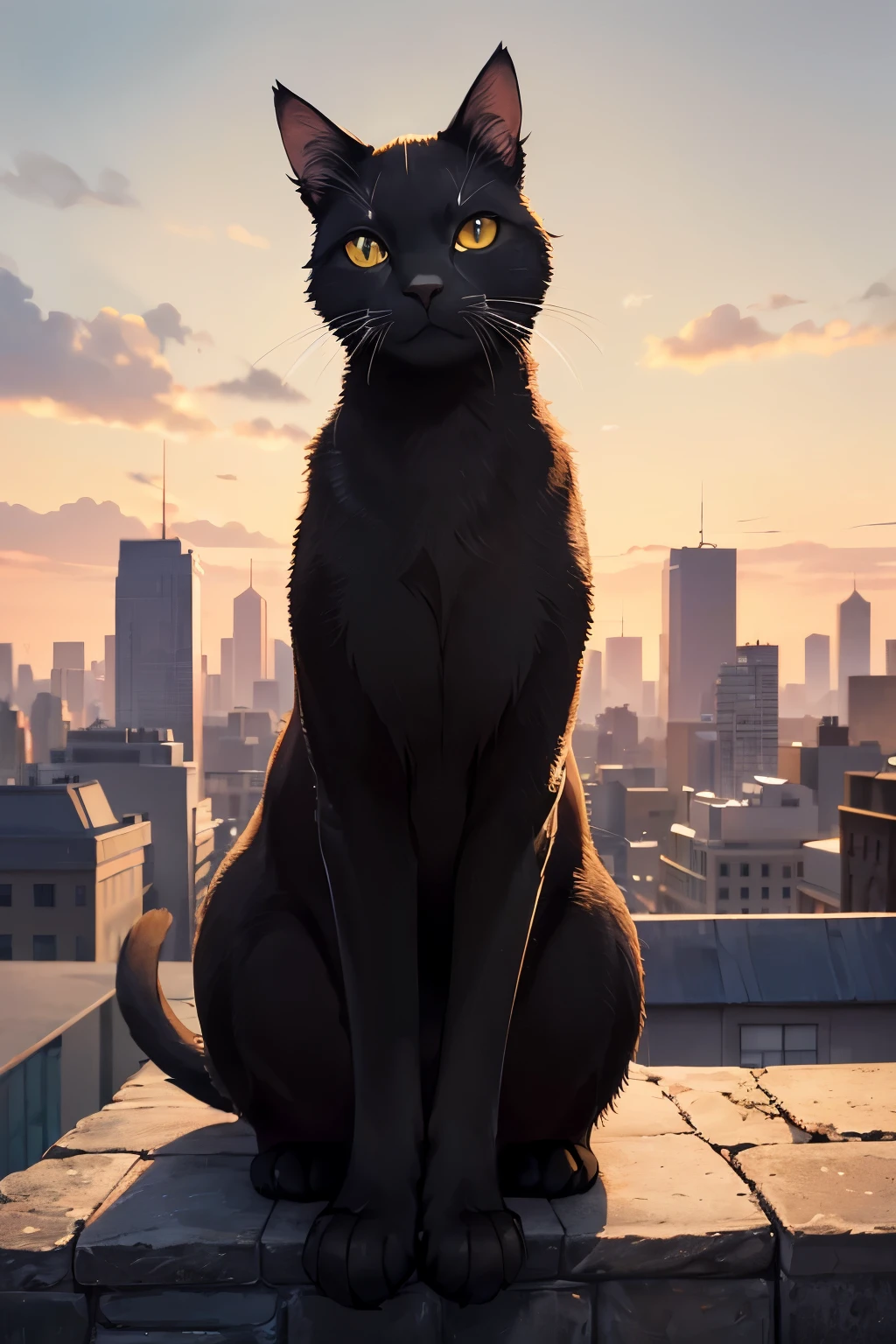 A sleek and agile cat, solo in the frame, gracefully perched on an old brick wall, silhouetted against the backdrop of the cityscape. With a coat of shimmering fur, its velvety texture glistening under the soft, golden hues of sunset. Its piercing green eyes, full of curiosity and intelligence, fixed intently on the viewer. A subtle smile plays on its lips as it tilts its head, basking in the warmth of the evening light. Its black ears twitch in the gentle breeze, one paw delicately balanced on the edge, ready to pounce at a moment's notice. Hyper-realistic details highlight every fiber