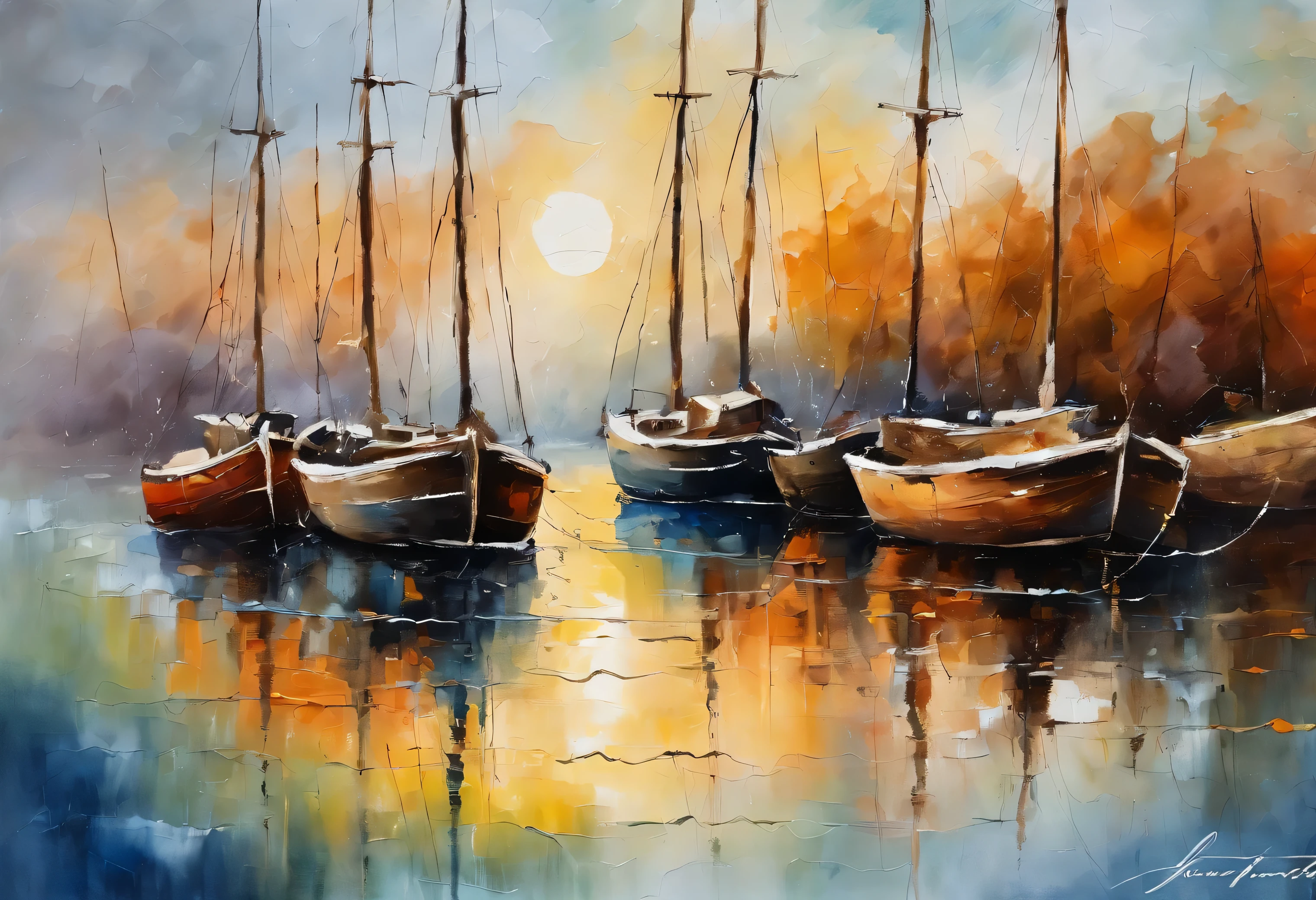 Impasto style, an oil painting, bright and light colors, high quality water reflection, in the style of light indigo, dark green and dark beige, barbizon school, gray and bronze, cottagepunk, rusticcore, panorama, splatter art, thick wet oil paints, bright soft colors, heavy brushstrokes, sailboats in a port