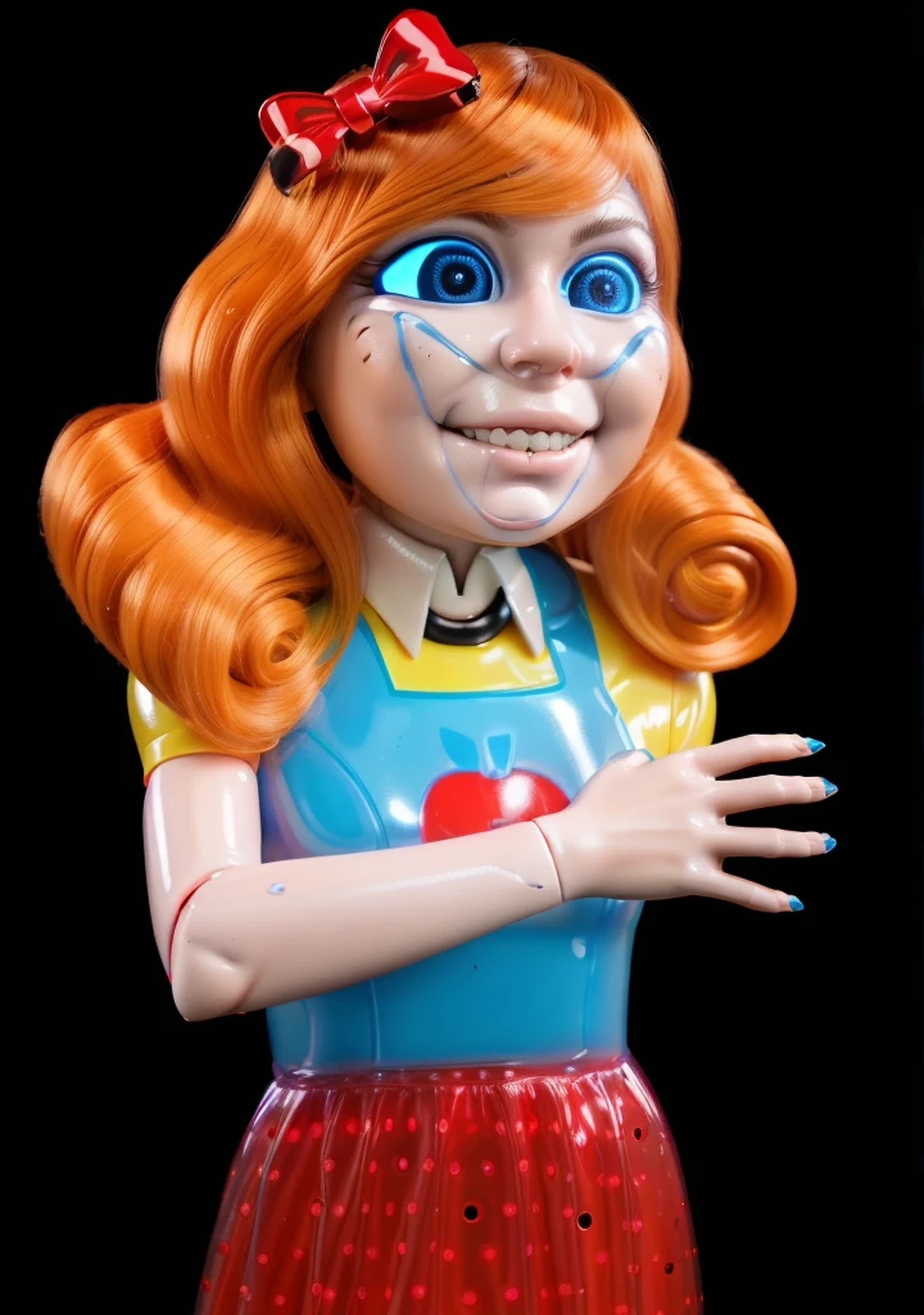 cartoon doll girl , doll, game character, videogame character, creepy doll, large creepy smile, doll with creepy smile and red eyes, insane, doll toy, glossy texture, smooth 3d model, multiple light sources, rim light, sharp post effects render, (glossy plastic texture with multiple big light probe refractions), perfect cgi, smooth silhouette, high intensity refraction, (super glossy material), most beautiful vfx, blue background, plastic refractions, realistic, 4k, high resolution, rim light