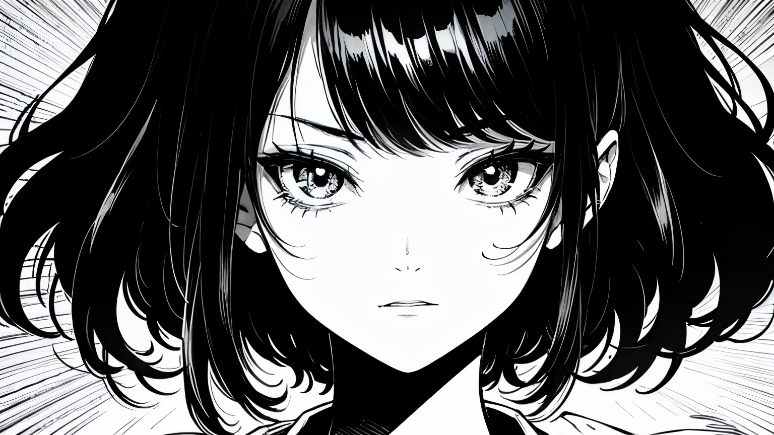 A woman with long black hair, black background, sad, expressionless, close-up of upper body, rough expressive lines, expressive lines, dark lines, dense lines, intense line work, masterpiece, the best quality, super fine, extremely delicate and beautiful, black and white manga, black and white line drawing, inspired by Junji Ito, art style of Junji Ito, hand-drawn, character focus, extremely fine, concealing a sword