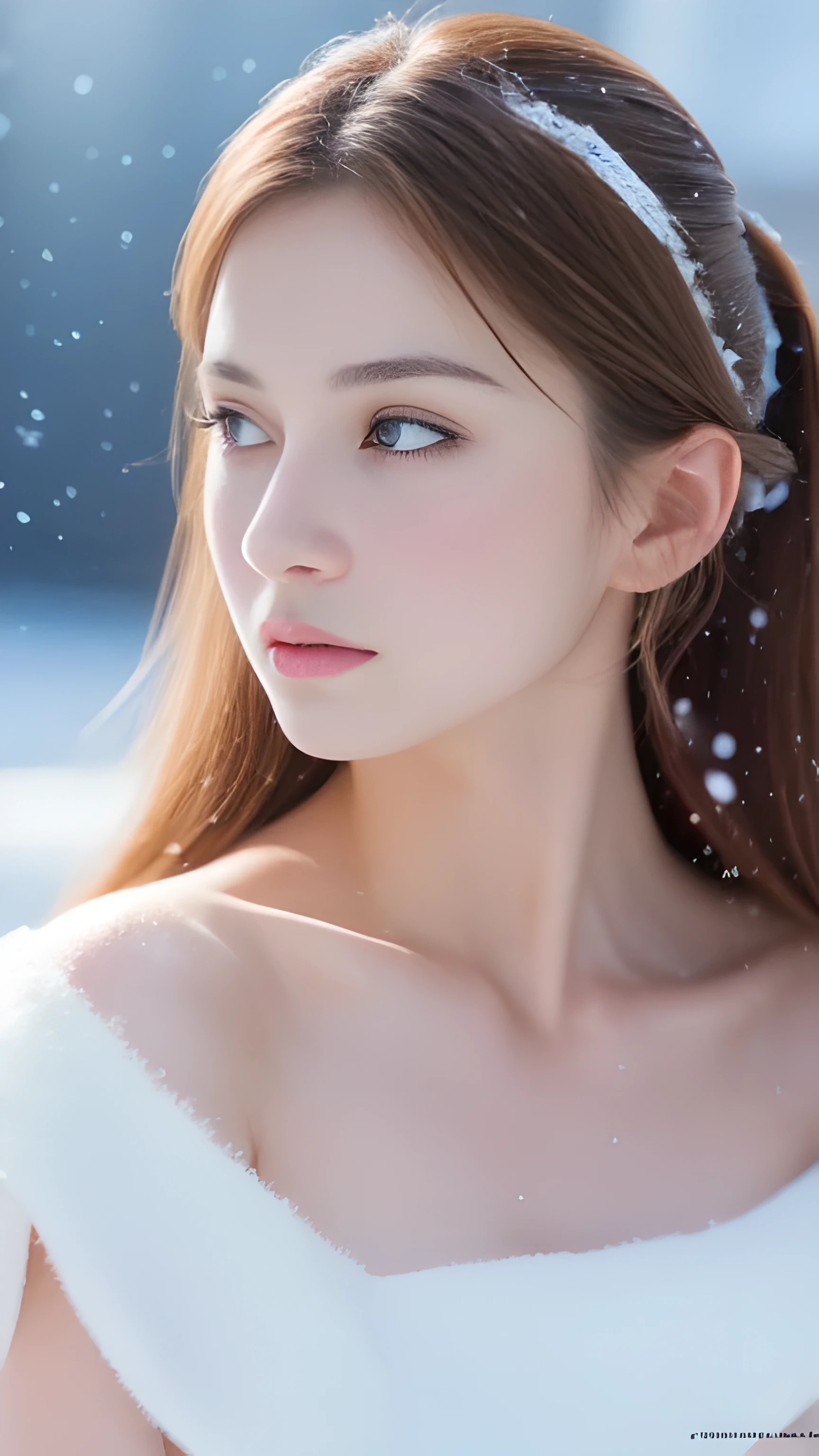 (highest quality, 8k, 32K,details are very clear),realistic, High resolution, 1 Japanese woman, alone, (lolita costume),luxurious costume,towards the audience,(Upper body,upper limbs), beautiful eyes, brown hair, Ring-shaped eyes, (outside,heavy snowfall,thick fur cape,cover with snow),snowfield,blue eyes,highest qualityのイラスト,detailed facial features、swimsuit