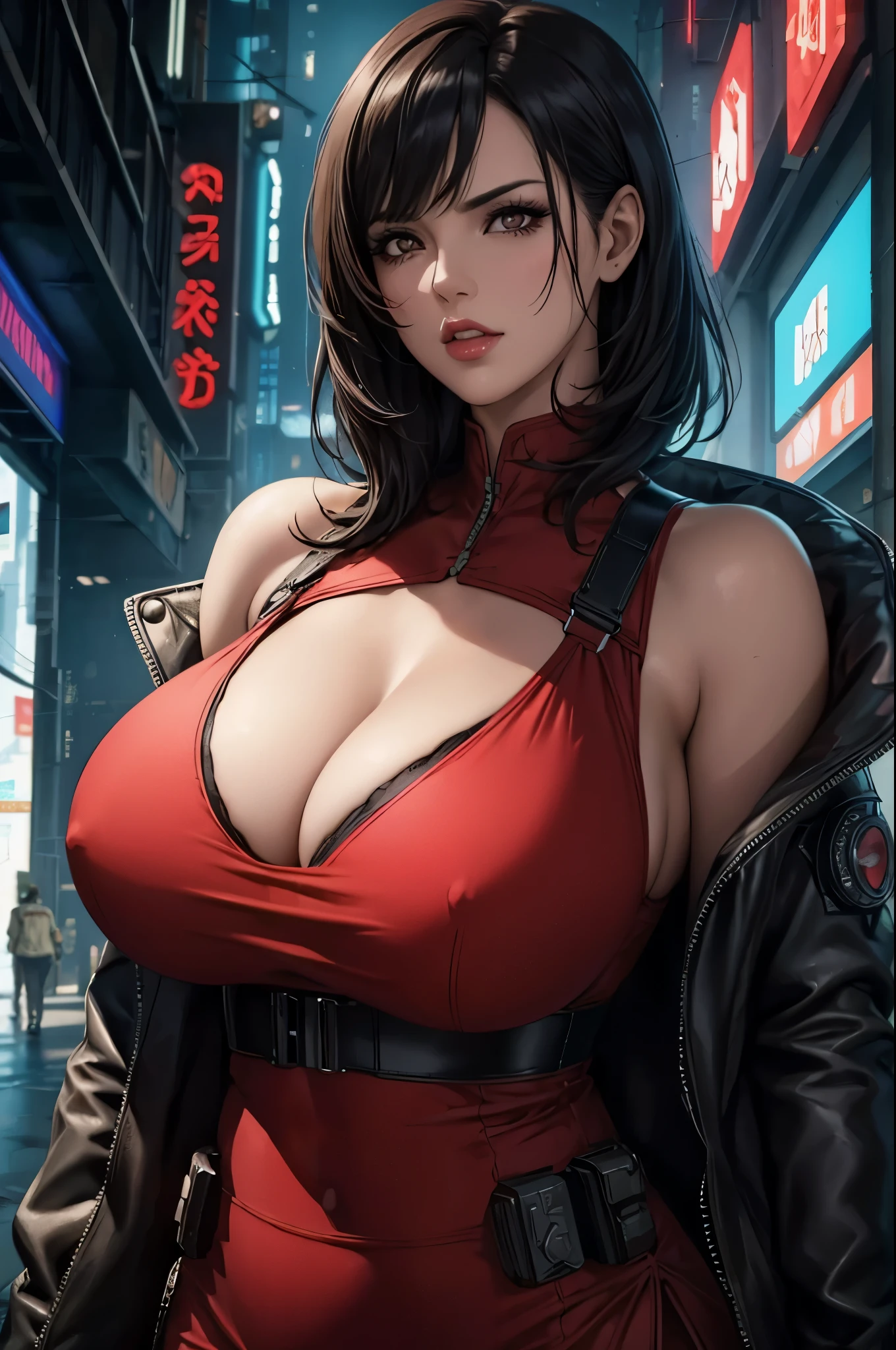 super fine illustration, ultra high resolution, masterpiece, highest quality, perfect shiny shinny skin, perfect lighting, detailed lighting, dramatic shadow, ray tracing, 1 beautiful milf, looking at the viewer, big breasts, exposed cleavage, beautiful detailed brown eyes, sharp face, clear eyes, red lips, long bangs, short cut black hair, ((cyberpunk dark city)), Upper body, Red long China dress, military harness, Aida Wong - Resident Evil Series,