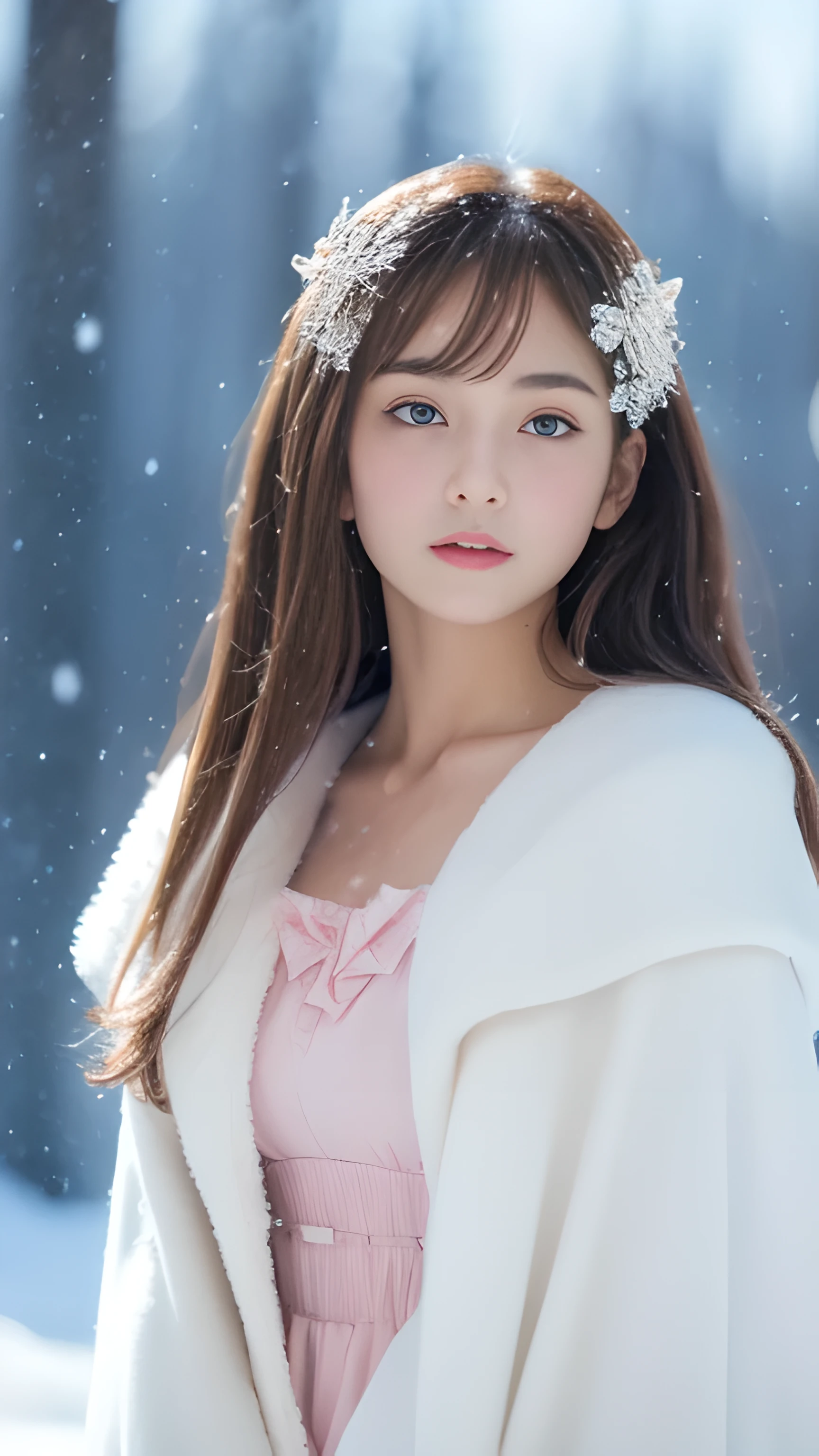 (highest quality, 8k, 32K,details are very clear),realistic, High resolution, 1 Japanese woman, alone, (lolita costume),luxurious costume,towards the audience,(Upper body,upper limbs), beautiful eyes, brown hair, Ring-shaped eyes, (outside,heavy snowfall,thick fur cape,cover with snow),snowfield,blue eyes,highest qualityのイラスト,detailed facial features、swimsuit