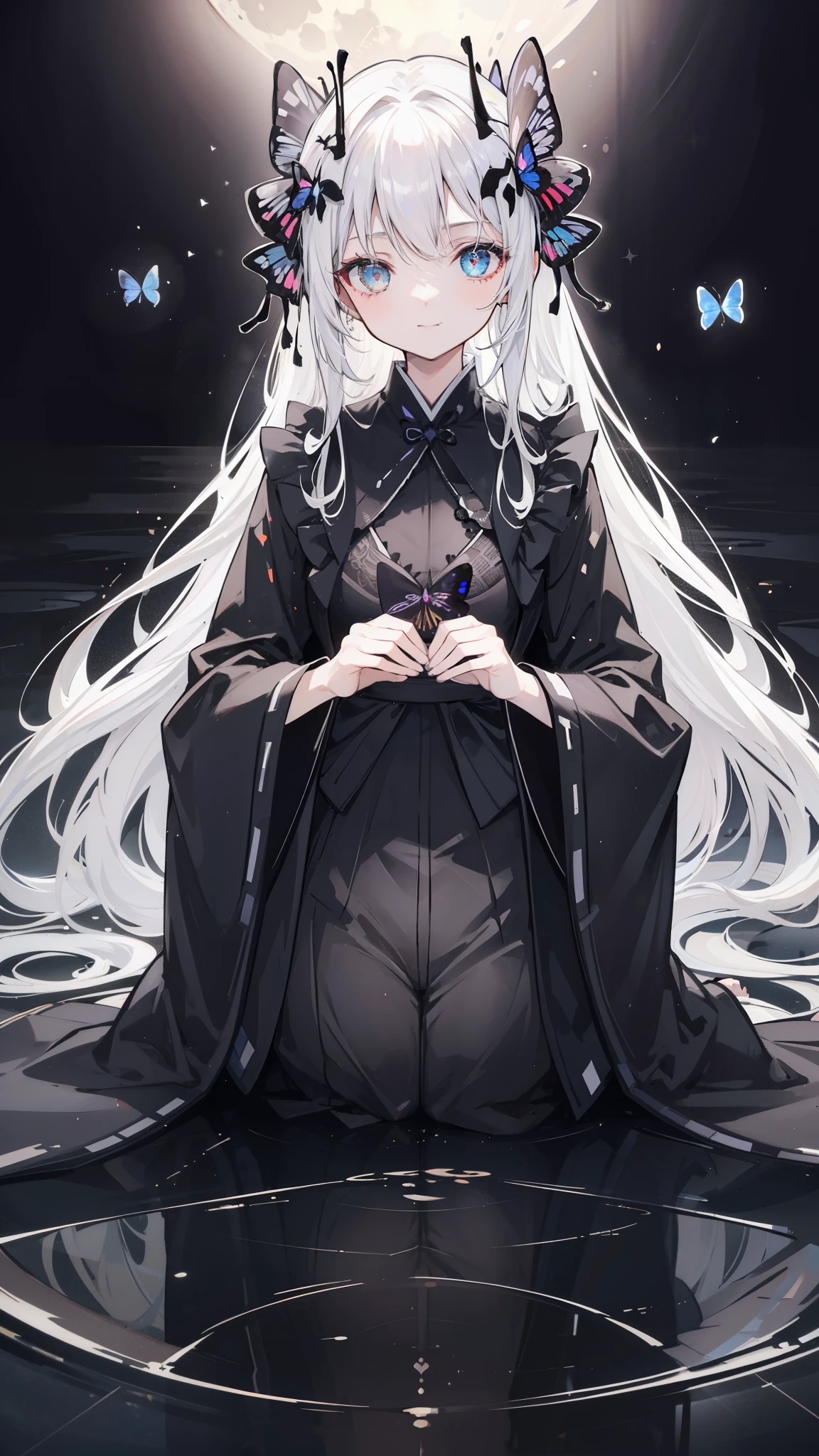 32k, perfect body, cute , cute smile, cute dress, long hair, white hair, black dress, ((black butterfly)), ((black butterfly hair ornament)), ((black butterfly shaped brooch)), ((black butterfly dress)), ((black ligth particle)), (((beautiful quality))), ((black kimono)), ((black Japanese clothing)), (((the floor is on the water))), ((full moon)),