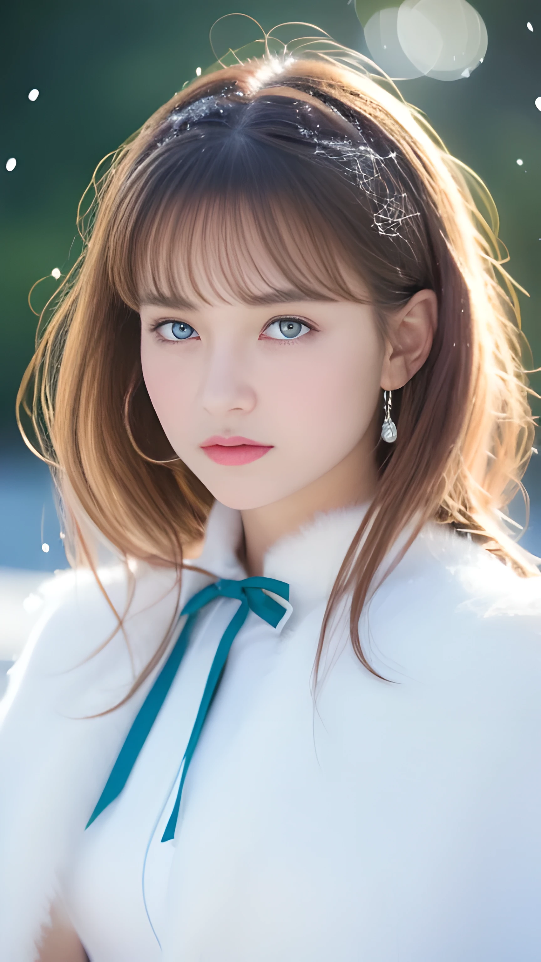 (highest quality, 8k, 32K，details are very clear),realistic, High resolution, 1 Japanese woman, alone, (ta costume)，luxurious costume，towards the audience，(Upper body，upper limbs)， beautiful eyes, brown hair, Ring-shaped eyes, (outside，heavy snowfall，thick fur cape，cover with snow)，snowfield，blue eyes，highest qualityのイラスト，detailed facial features、swimsuit